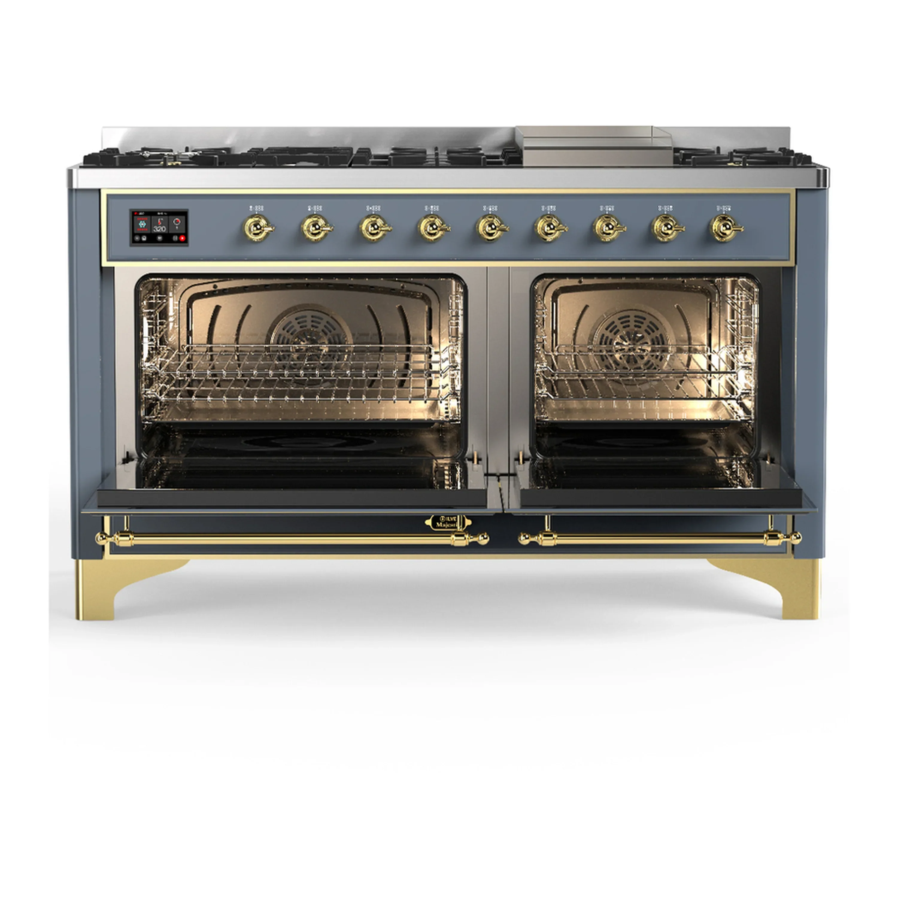ILVE Majestic III 60-inch Dual Fuel Range with 7 Natural Gas Burner, Griddle and Solid Door Electric Oven in Blue Grey with Brass Trim (UM60FQNR3BGG) - Image 6