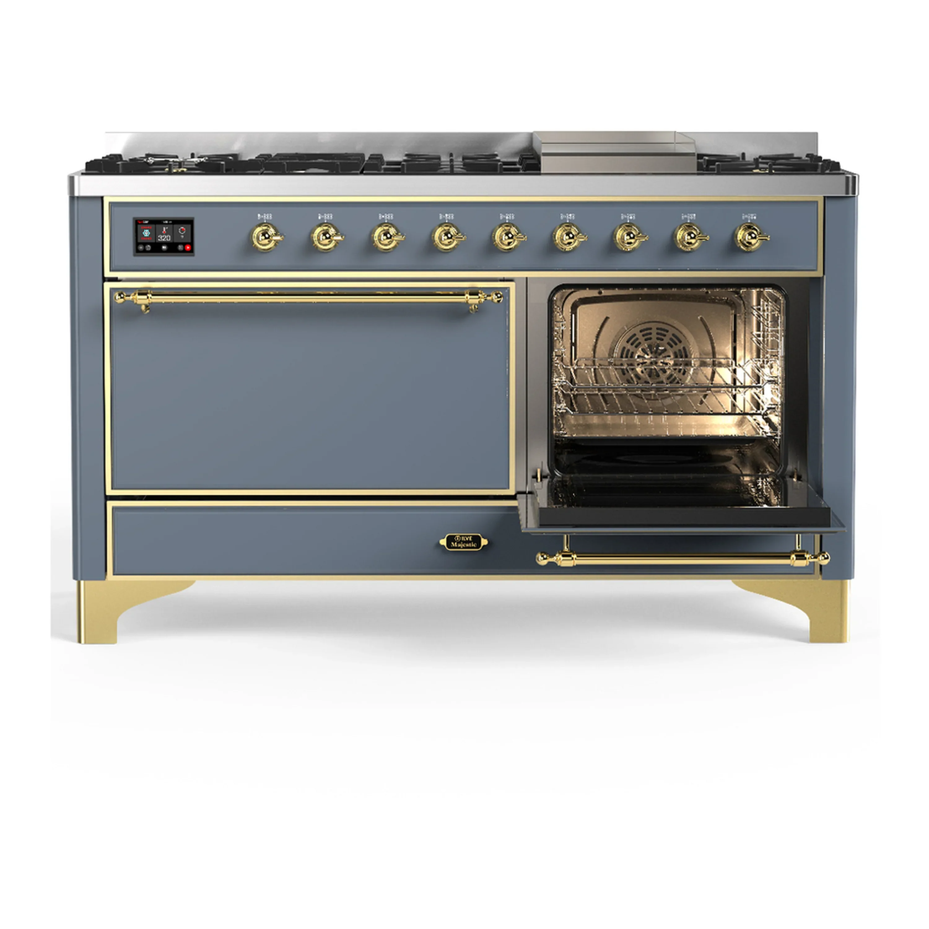 ILVE Majestic III 60-inch Dual Fuel Range with 5 Liquid Propane Burner, Griddle and Solid Door Electric Oven in Blue Grey with Brass Trim (UM60FQNR3BGGLP) - Image 4