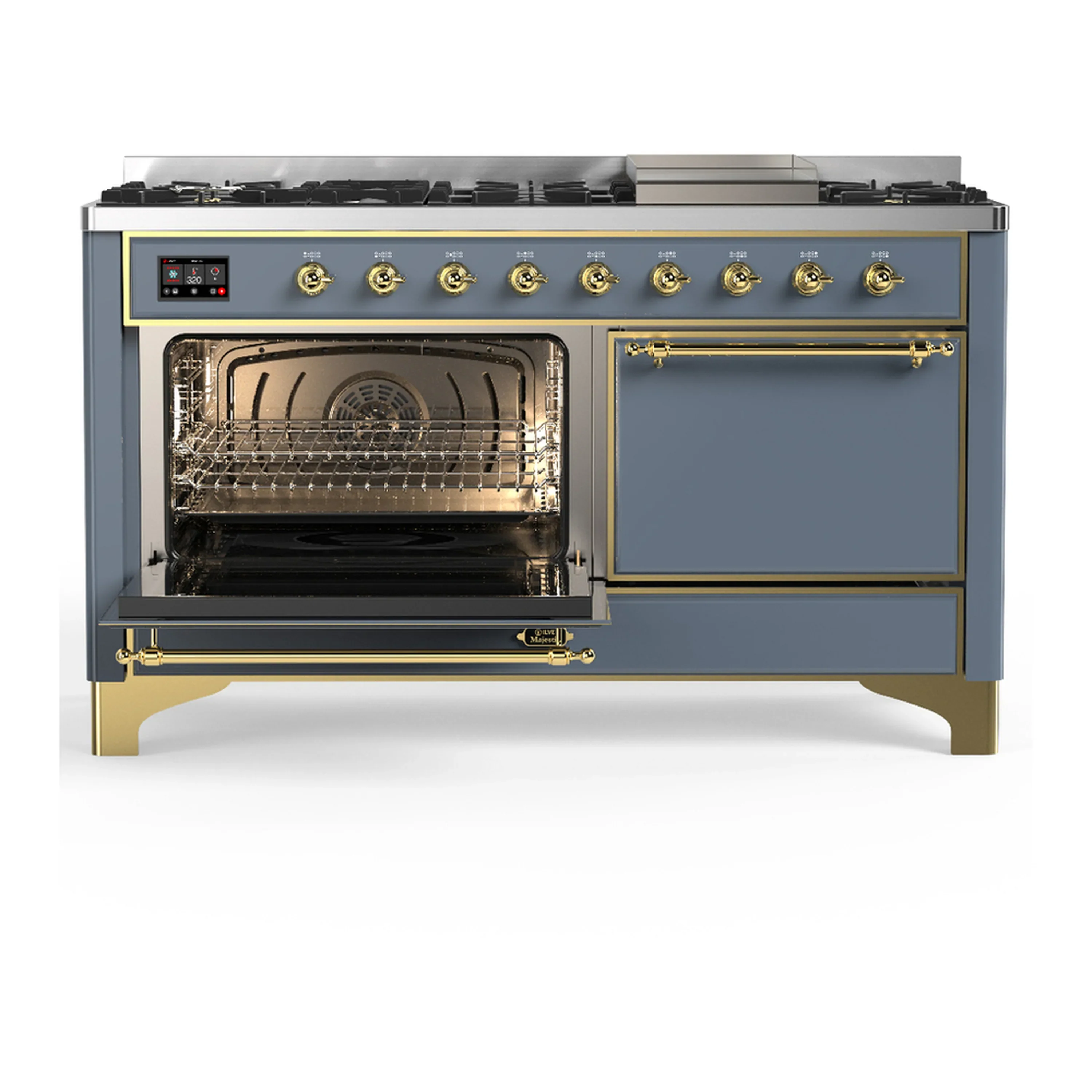 ILVE Majestic III 60-inch Dual Fuel Range with 5 Liquid Propane Burner, Griddle and Solid Door Electric Oven in Blue Grey with Brass Trim (UM60FQNR3BGGLP) - Image 5