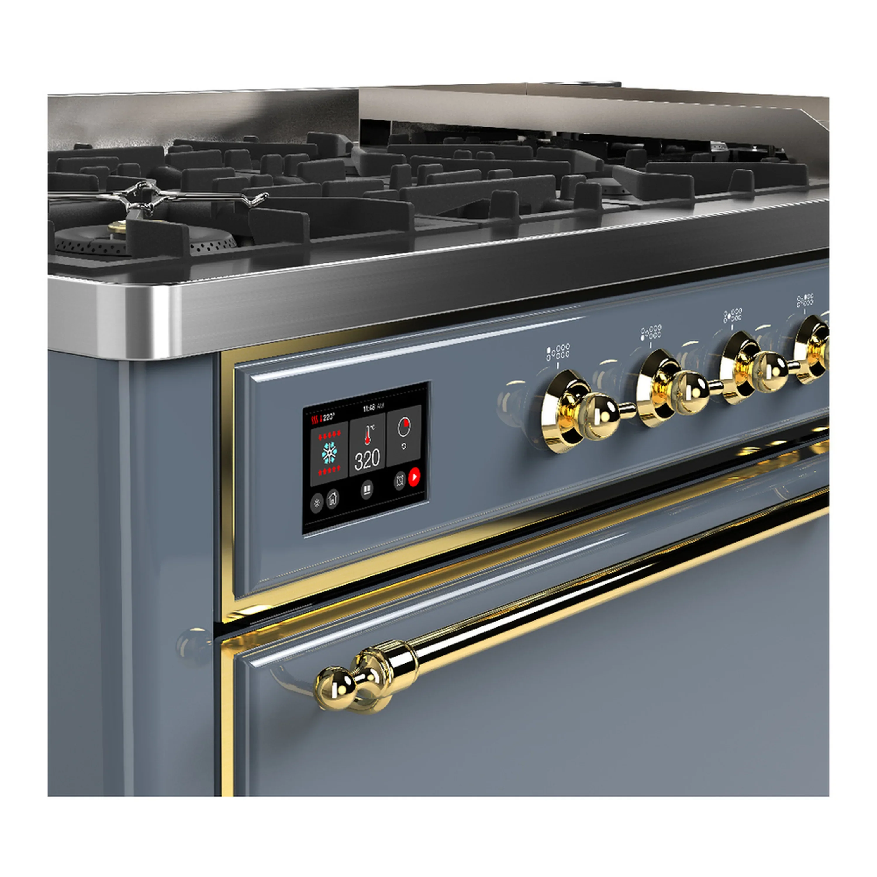ILVE Majestic III 60-inch Dual Fuel Range with 5 Liquid Propane Burner, Griddle and Solid Door Electric Oven in Blue Grey with Brass Trim (UM60FQNR3BGGLP) - Image 7