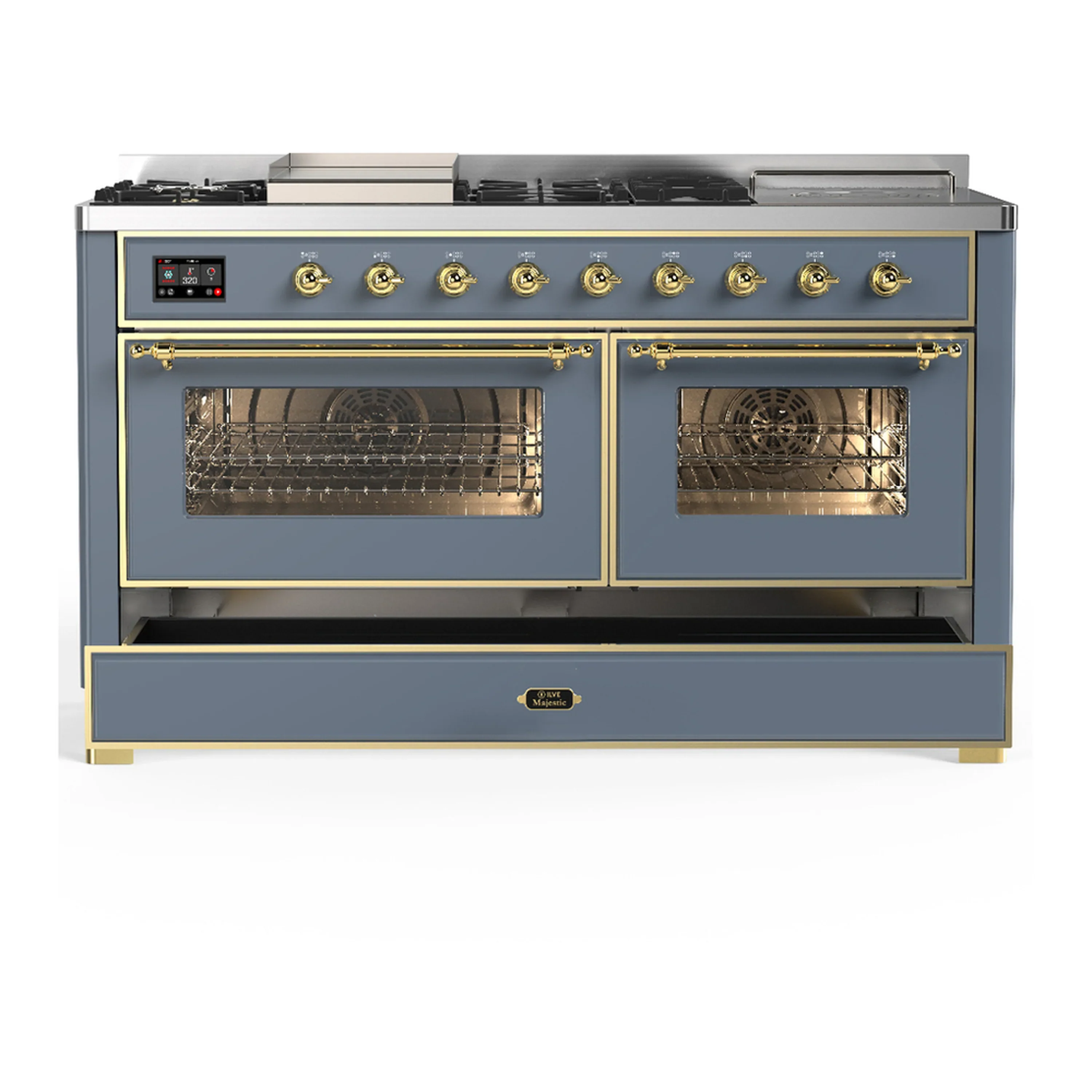 ILVE Majestic III 60-inch Dual Fuel Range with 7 Natural Gas Burner, Griddle, French Top and Triple Glass Door Electric Oven in Blue Grey with Brass Trim (UM60FSNR3BGG) - Image 3
