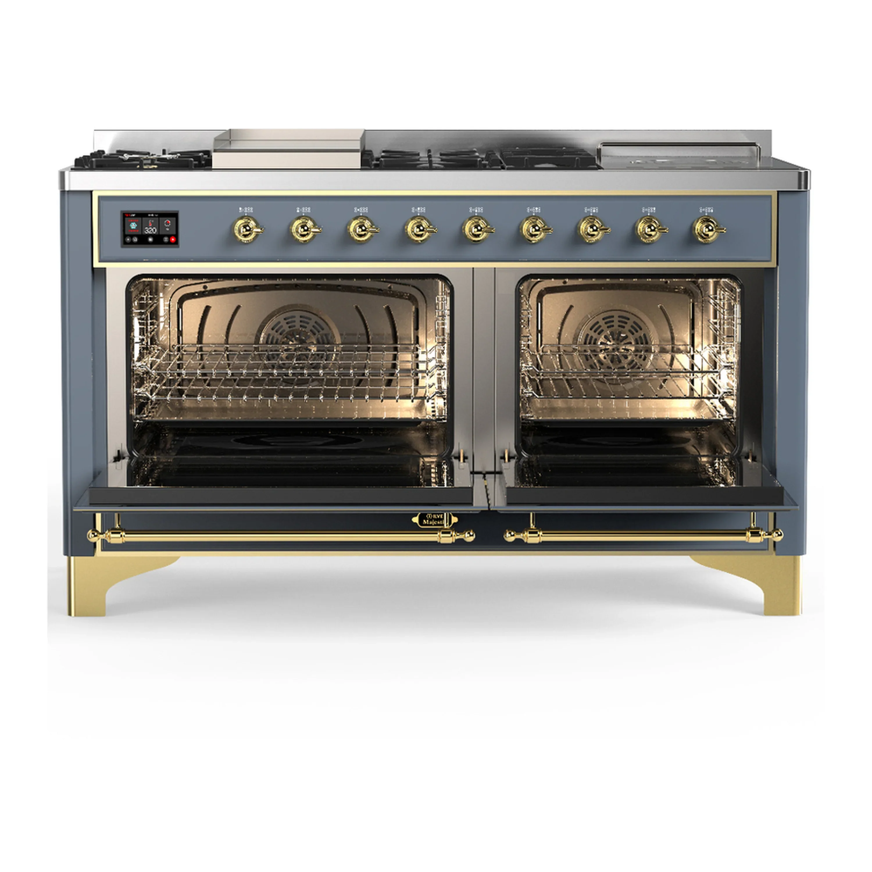 ILVE Majestic III 60-inch Dual Fuel Range with 7 Natural Gas Burner, Griddle, French Top and Triple Glass Door Electric Oven in Blue Grey with Brass Trim (UM60FSNR3BGG) - Image 6