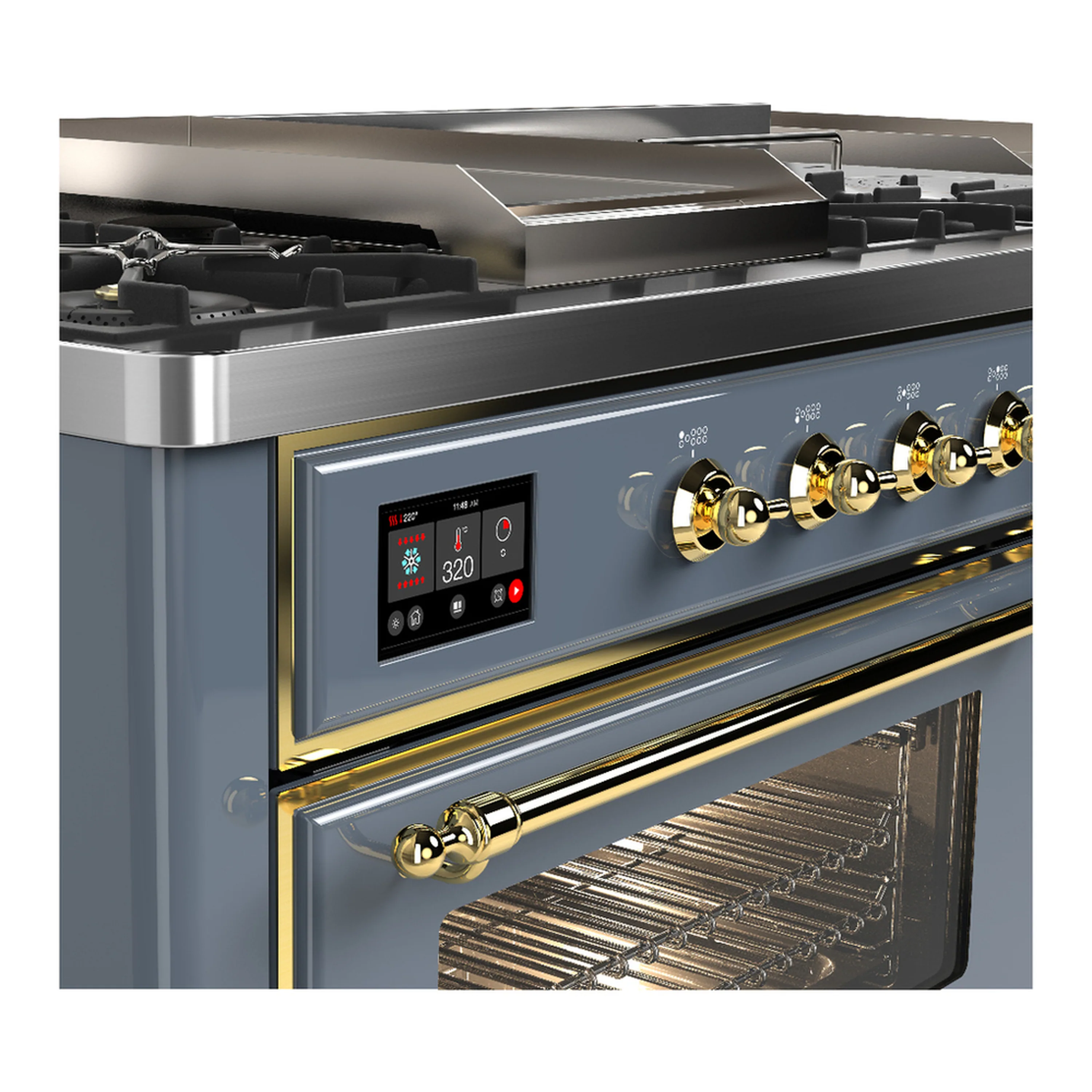 ILVE Majestic III 60-inch Dual Fuel Range with 7 Natural Gas Burner, Griddle, French Top and Triple Glass Door Electric Oven in Blue Grey with Brass Trim (UM60FSNR3BGG) - Image 7