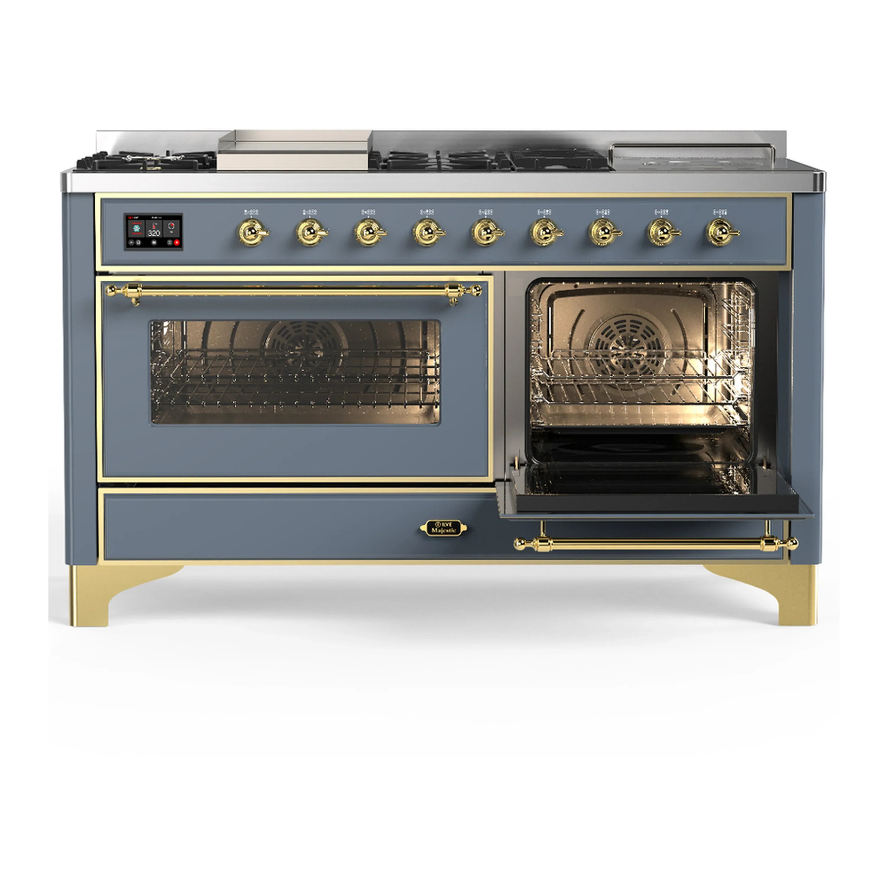 ILVE Majestic III 60-inch Dual Fuel Range with 5 Liquid Propane Burner, Griddle, French Top and Triple Glass Door Electric Oven in Blue Grey with Brass Trim (UM60FSNR3BGGLP) - Image 4
