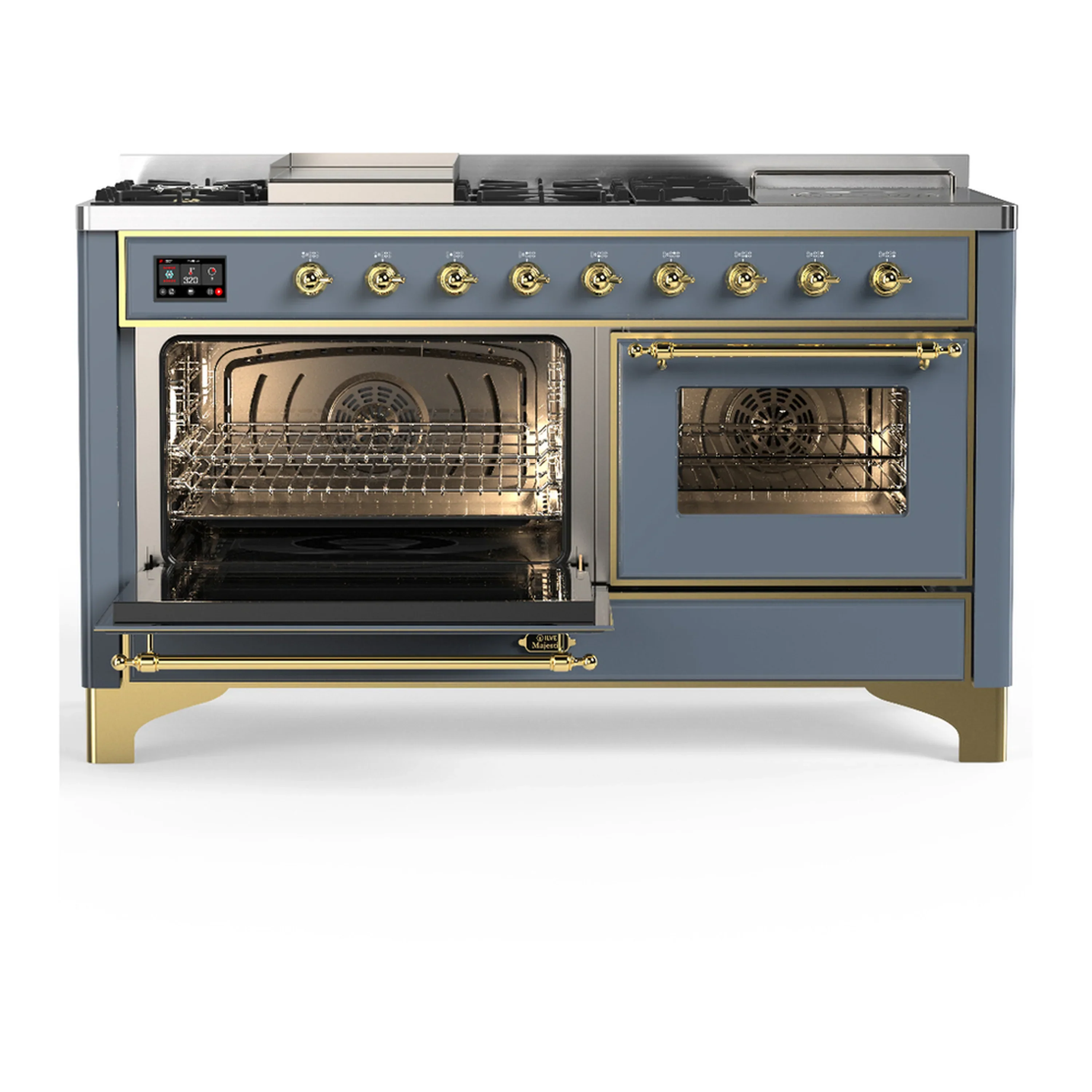 ILVE Majestic III 60-inch Dual Fuel Range with 5 Liquid Propane Burner, Griddle, French Top and Triple Glass Door Electric Oven in Blue Grey with Brass Trim (UM60FSNR3BGGLP) - Image 5