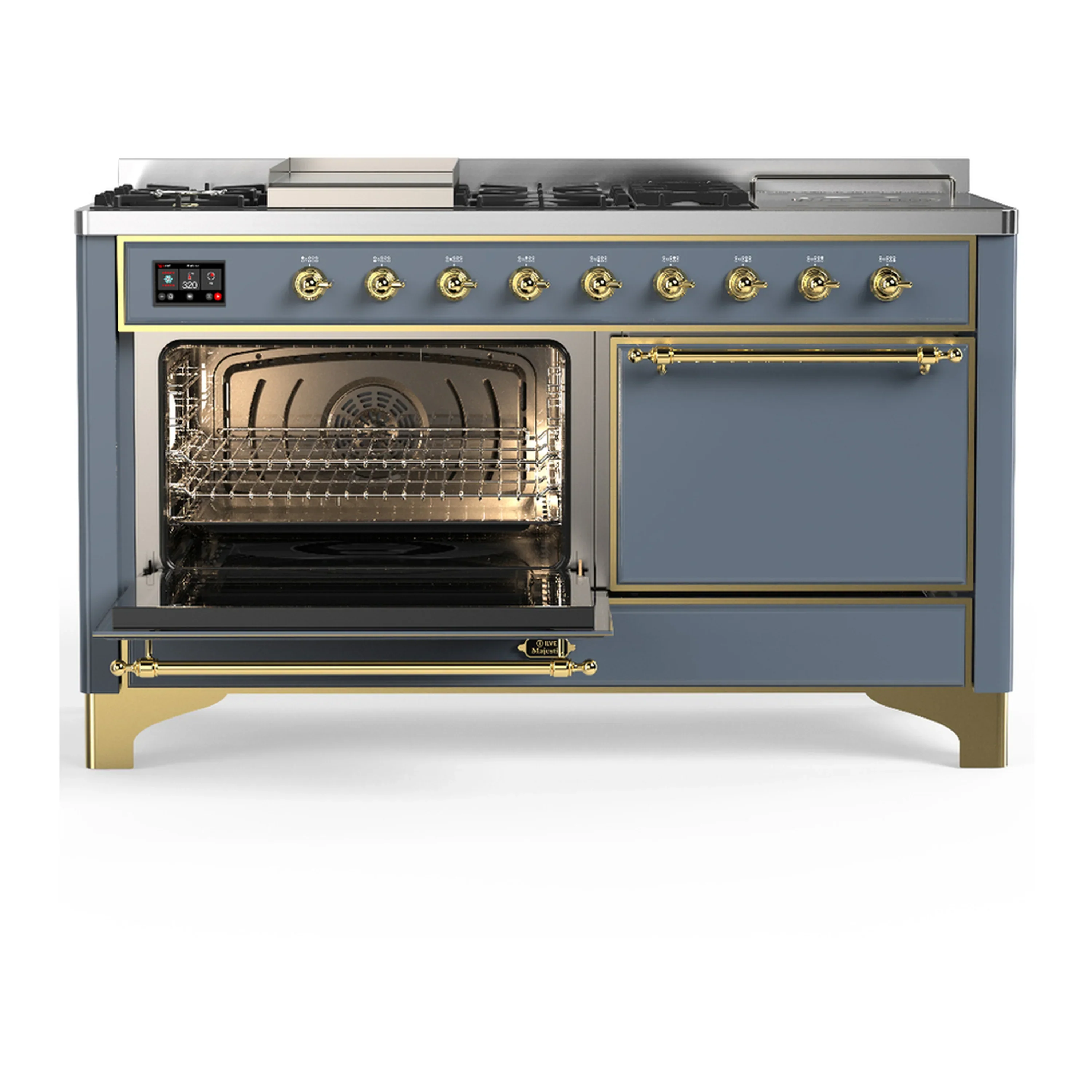 ILVE Majestic III 60-inch Dual Fuel Range with 7 Natural Gas Burner, Griddle, French Top and Solid Door Electric Oven in Blue Grey with Brass Trim (UM60FSQNR3BGG) - Image 5