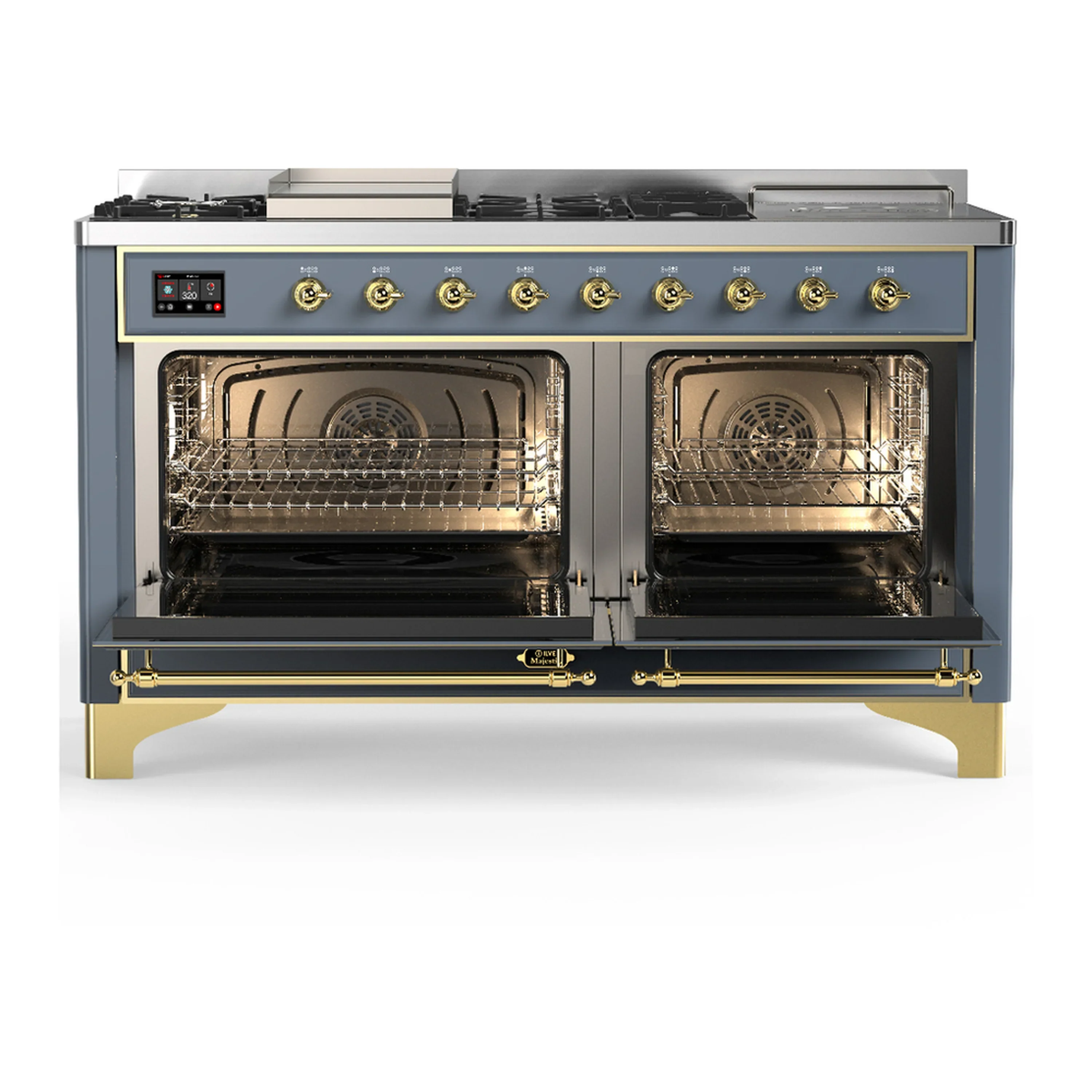 ILVE Majestic III 60-inch Dual Fuel Range with 7 Natural Gas Burner, Griddle, French Top and Solid Door Electric Oven in Blue Grey with Brass Trim (UM60FSQNR3BGG) - Image 6