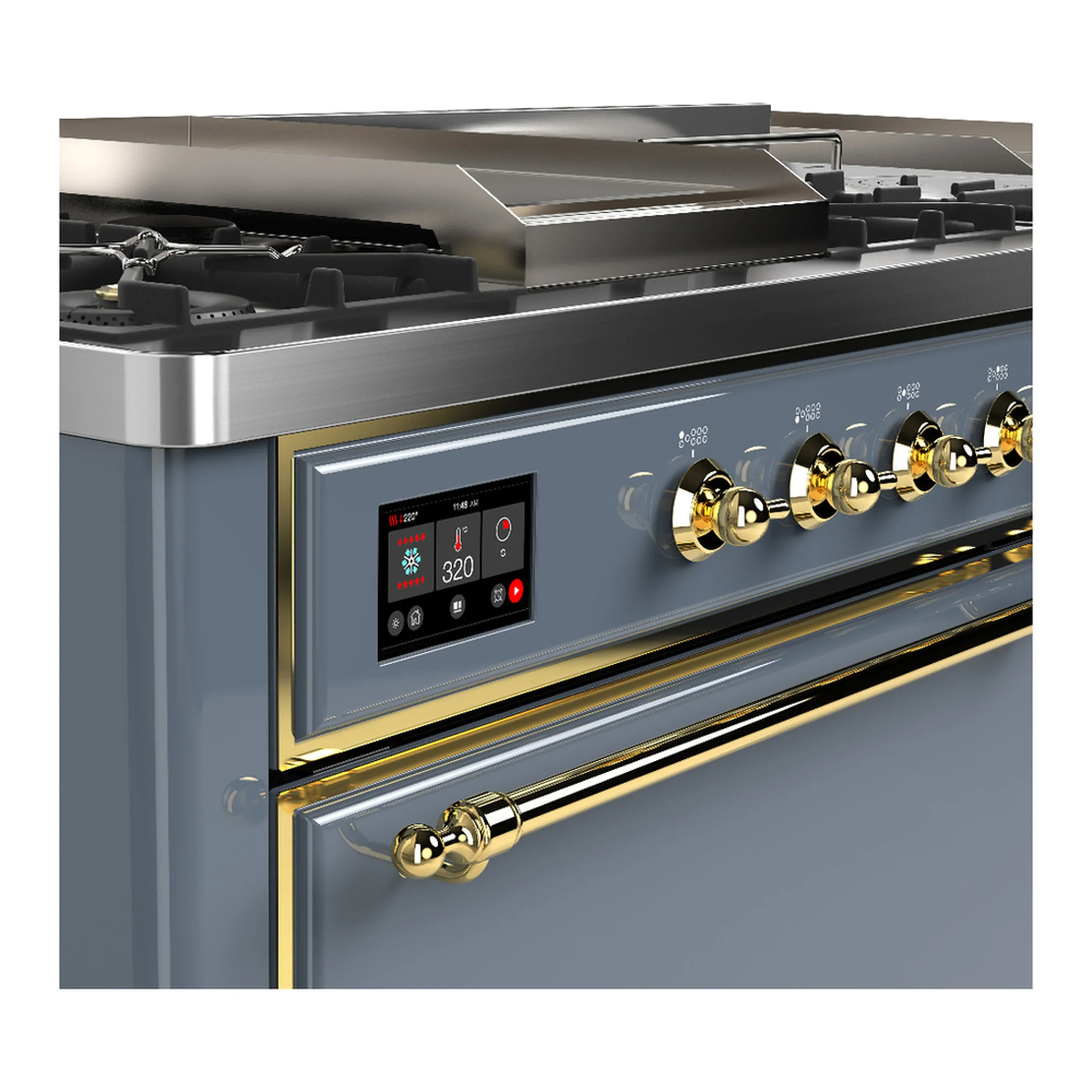 ILVE Majestic III 60-inch Dual Fuel Range with 7 Natural Gas Burner, Griddle, French Top and Solid Door Electric Oven in Blue Grey with Brass Trim (UM60FSQNR3BGG) - Image 7
