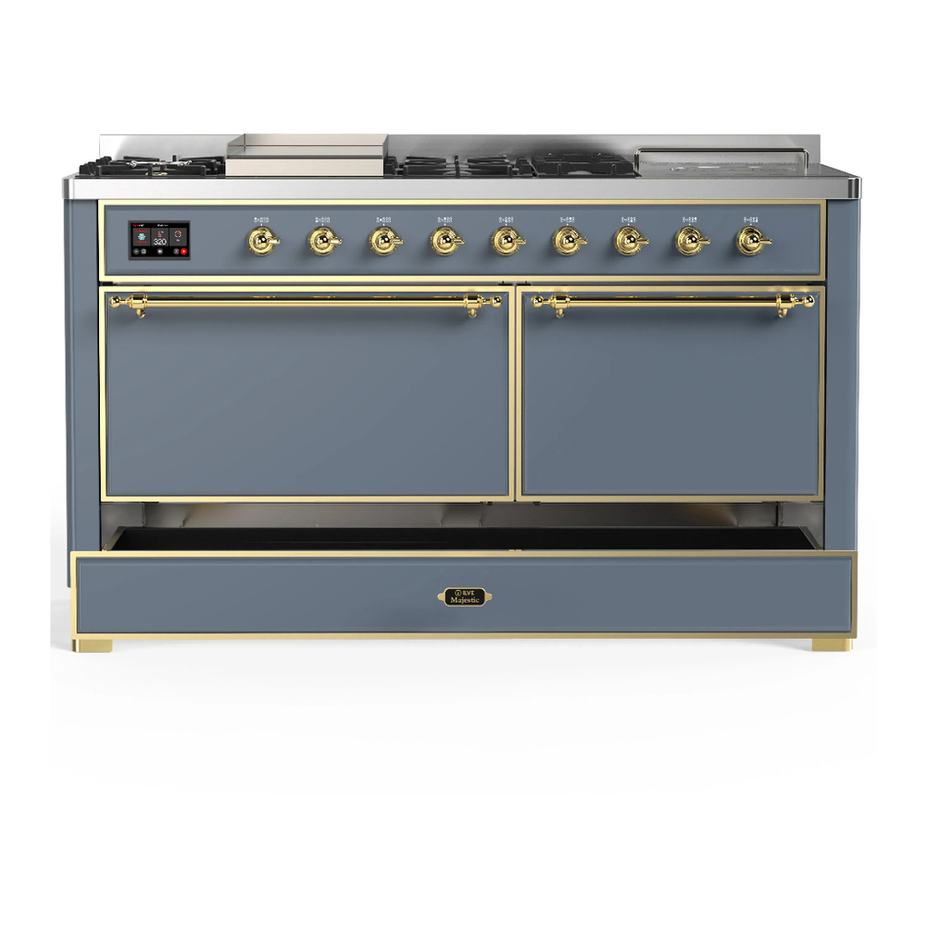 ILVE Majestic III 60-inch Dual Fuel Range with 5 Liquid Propane Burner, Griddle, French Top and Solid Door Electric Oven in Blue Grey with Brass Trim (UM60FSQNR3BGGLP) - Image 3