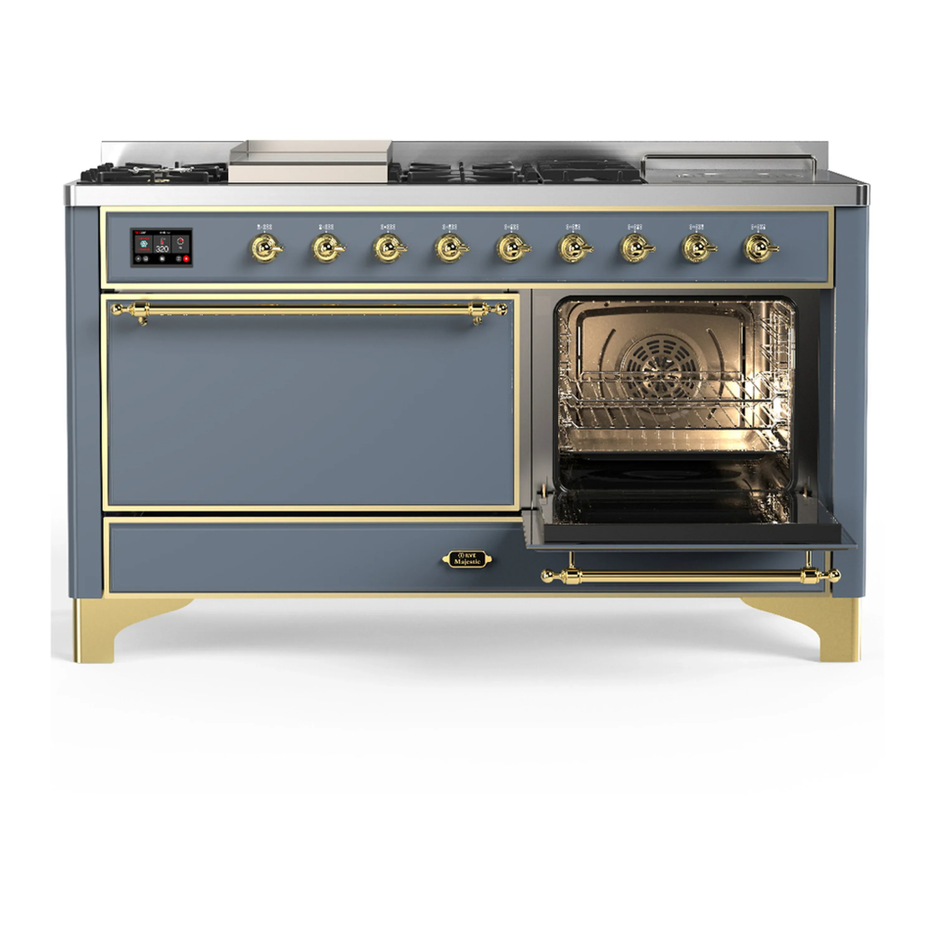 ILVE Majestic III 60-inch Dual Fuel Range with 5 Liquid Propane Burner, Griddle, French Top and Solid Door Electric Oven in Blue Grey with Brass Trim (UM60FSQNR3BGGLP) - Image 4