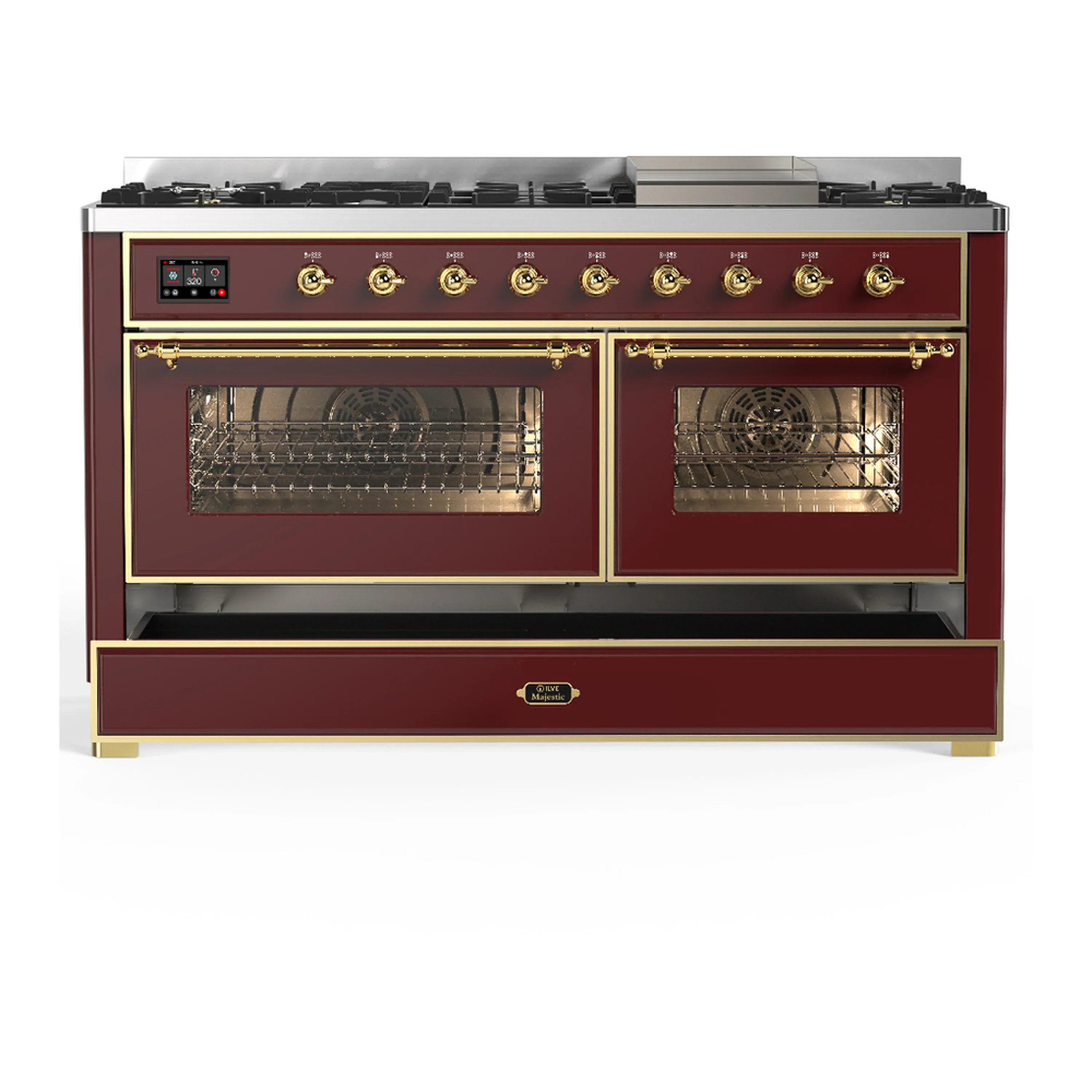 ILVE Majestic III 60-inch Dual Fuel Range with 7 Natural Gas Burner, Griddle and Triple Glass Door Electric Oven in Burgundy with Brass Trim (UM60FNR3BUG) - Image 3