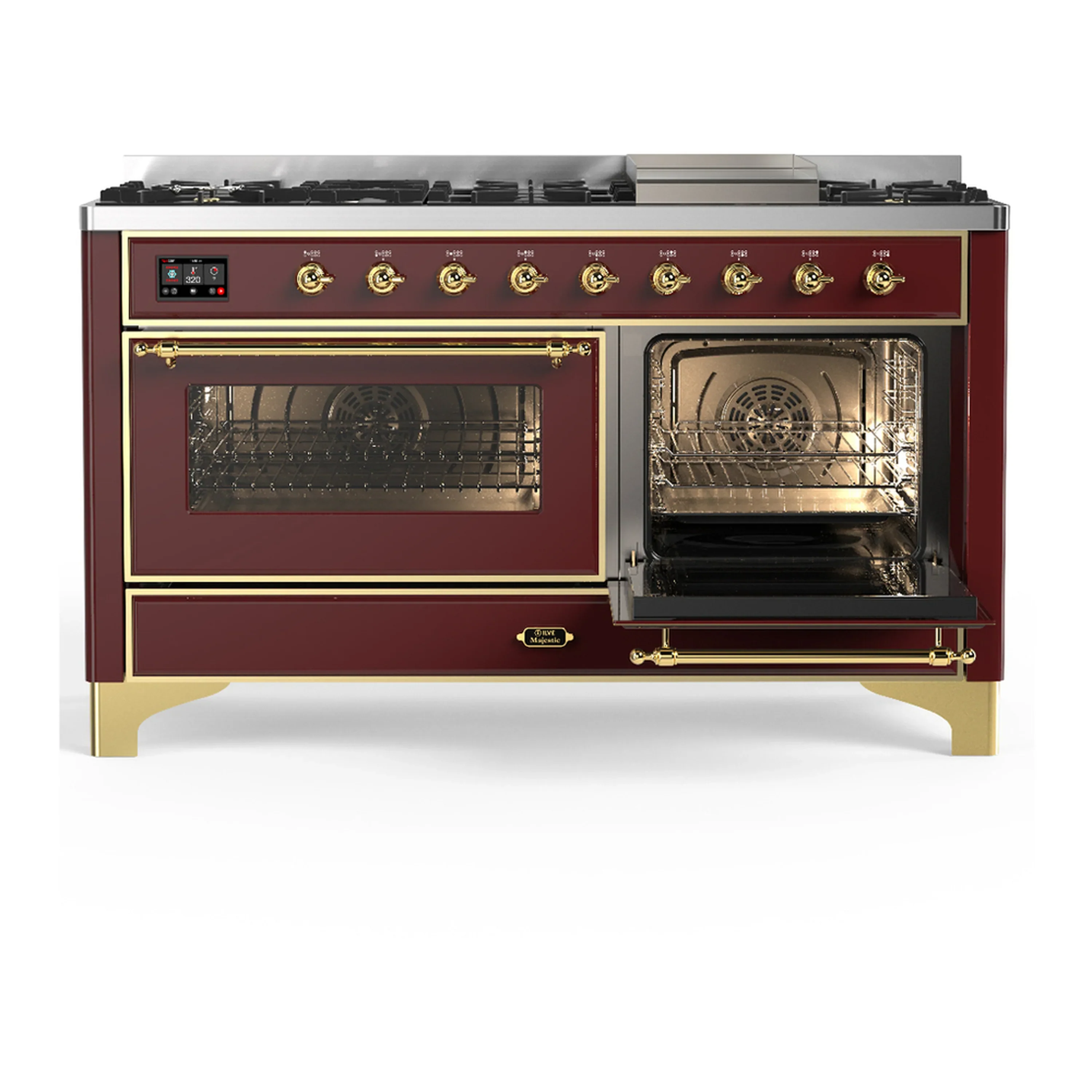 ILVE Majestic III 60-inch Dual Fuel Range with 7 Natural Gas Burner, Griddle and Triple Glass Door Electric Oven in Burgundy with Brass Trim (UM60FNR3BUG) - Image 4