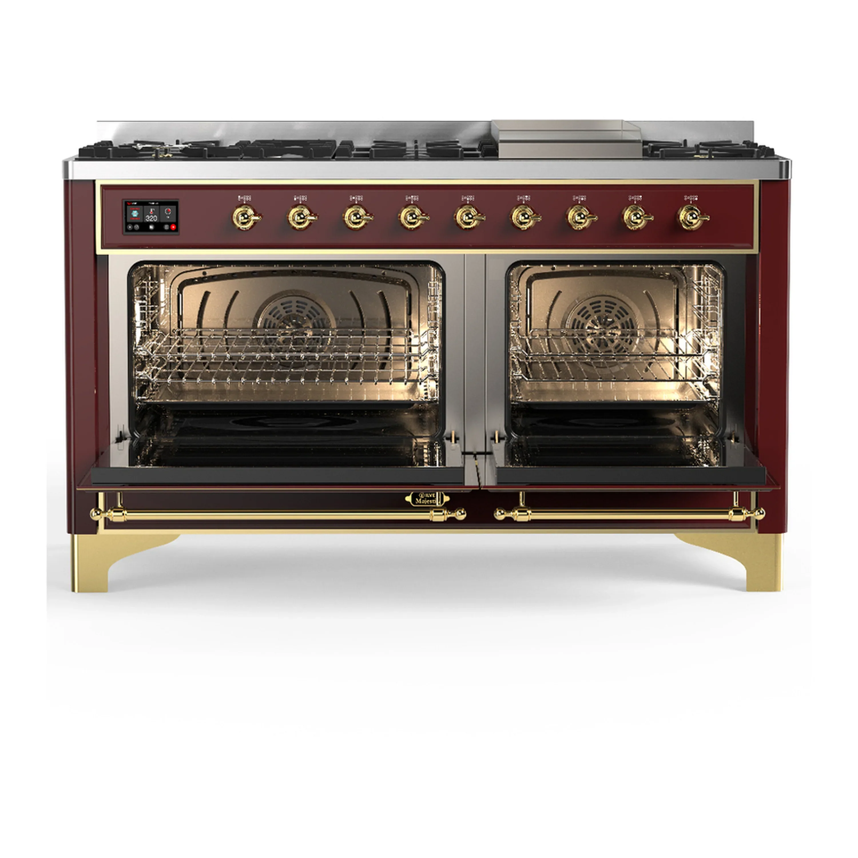 ILVE Majestic III 60-inch Dual Fuel Range with 7 Natural Gas Burner, Griddle and Triple Glass Door Electric Oven in Burgundy with Brass Trim (UM60FNR3BUG) - Image 6
