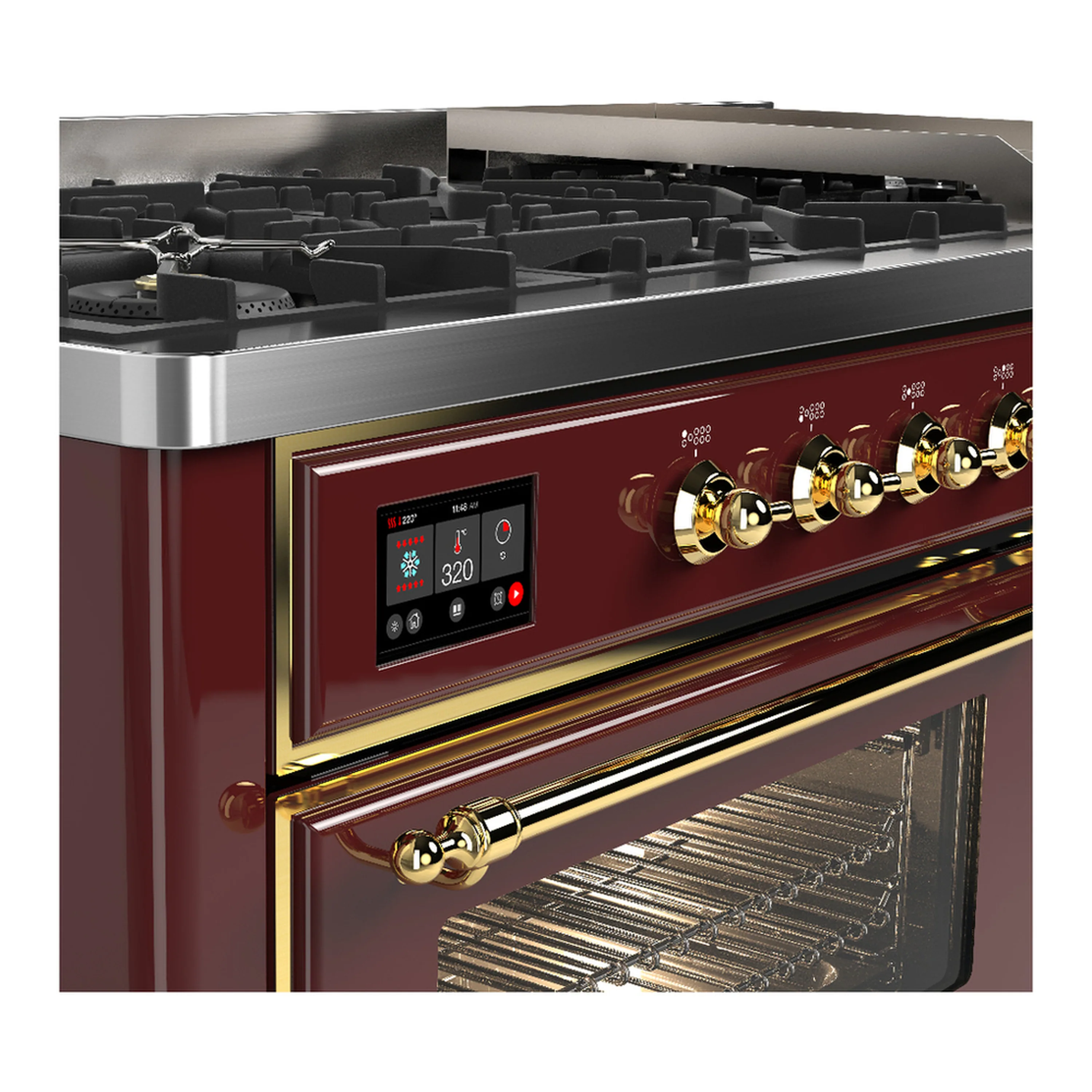 ILVE Majestic III 60-inch Dual Fuel Range with 5 Liquid Propane Burner, Griddle and Triple Glass Door Electric Oven in Burgundy with Brass Trim (UM60FNR3BUGLP) - Image 7