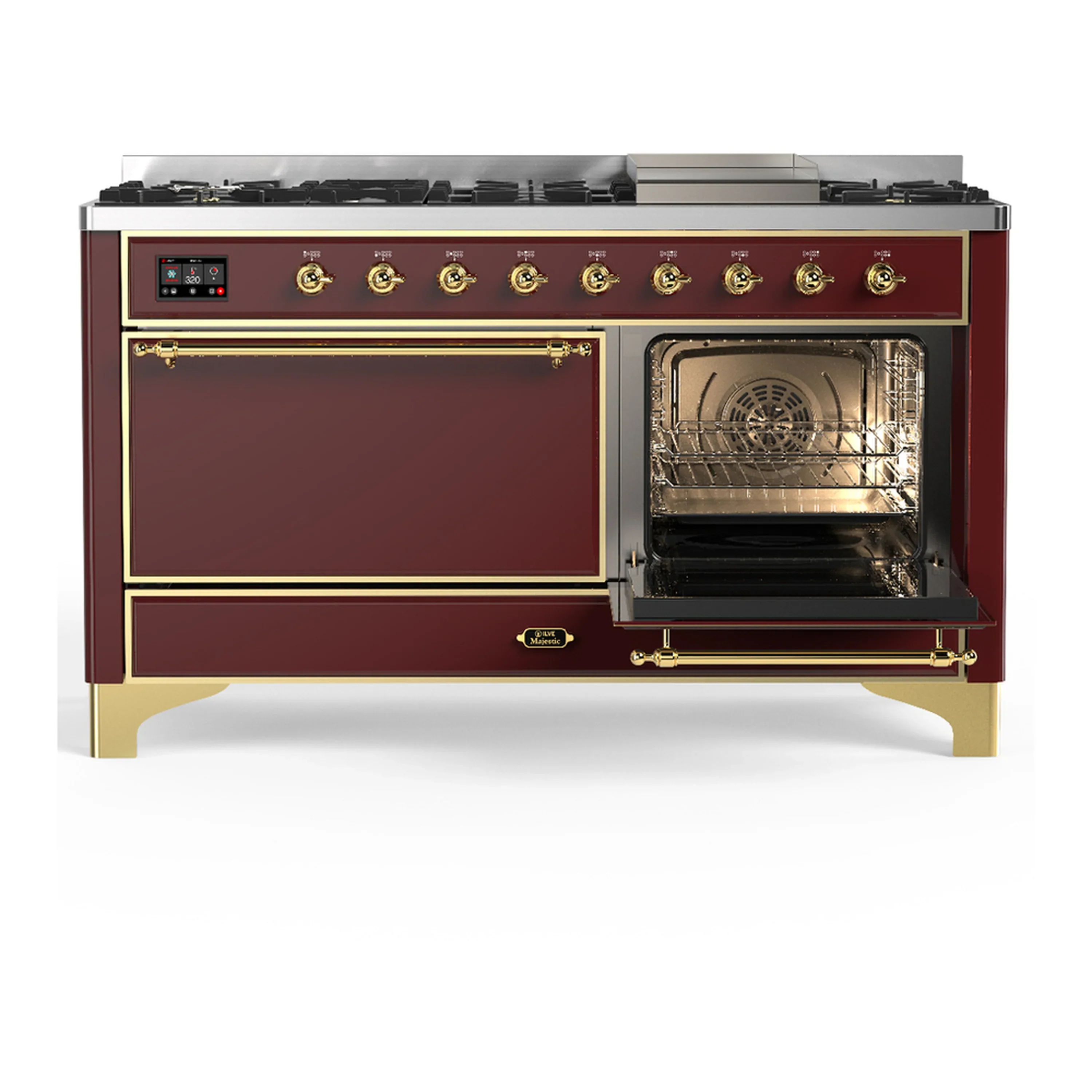 ILVE Majestic III 60-inch Dual Fuel Range with 7 Natural Gas Burner, Griddle and Solid Door Electric Oven in Burgundy with Brass Trim (UM60FQNR3BUG) - Image 4