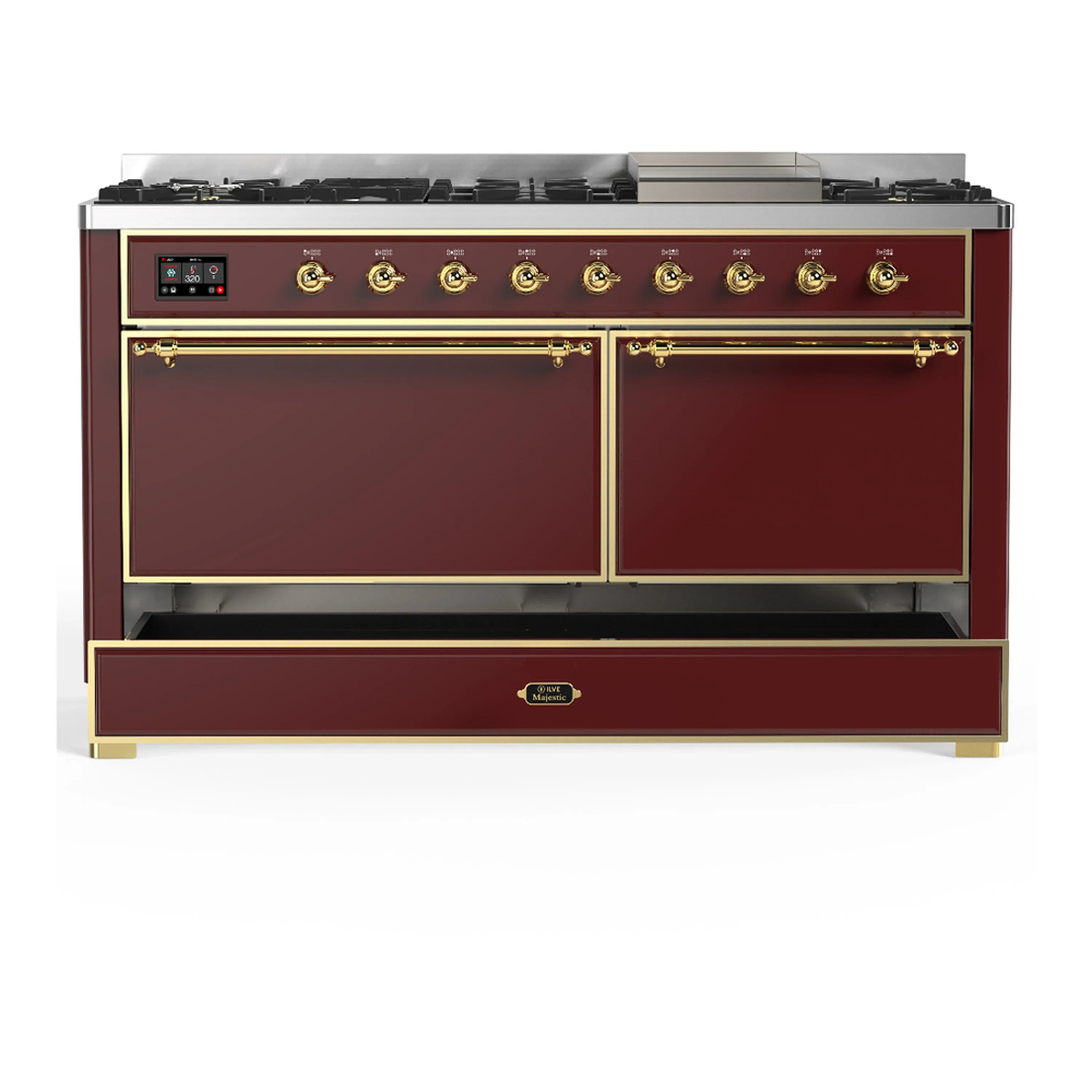 ILVE Majestic III 60-inch Dual Fuel Range with 5 Liquid Propane Burner, Griddle and Solid Door Electric Oven in Burgundy with Brass Trim (UM60FQNR3BUGLP) - Image 3