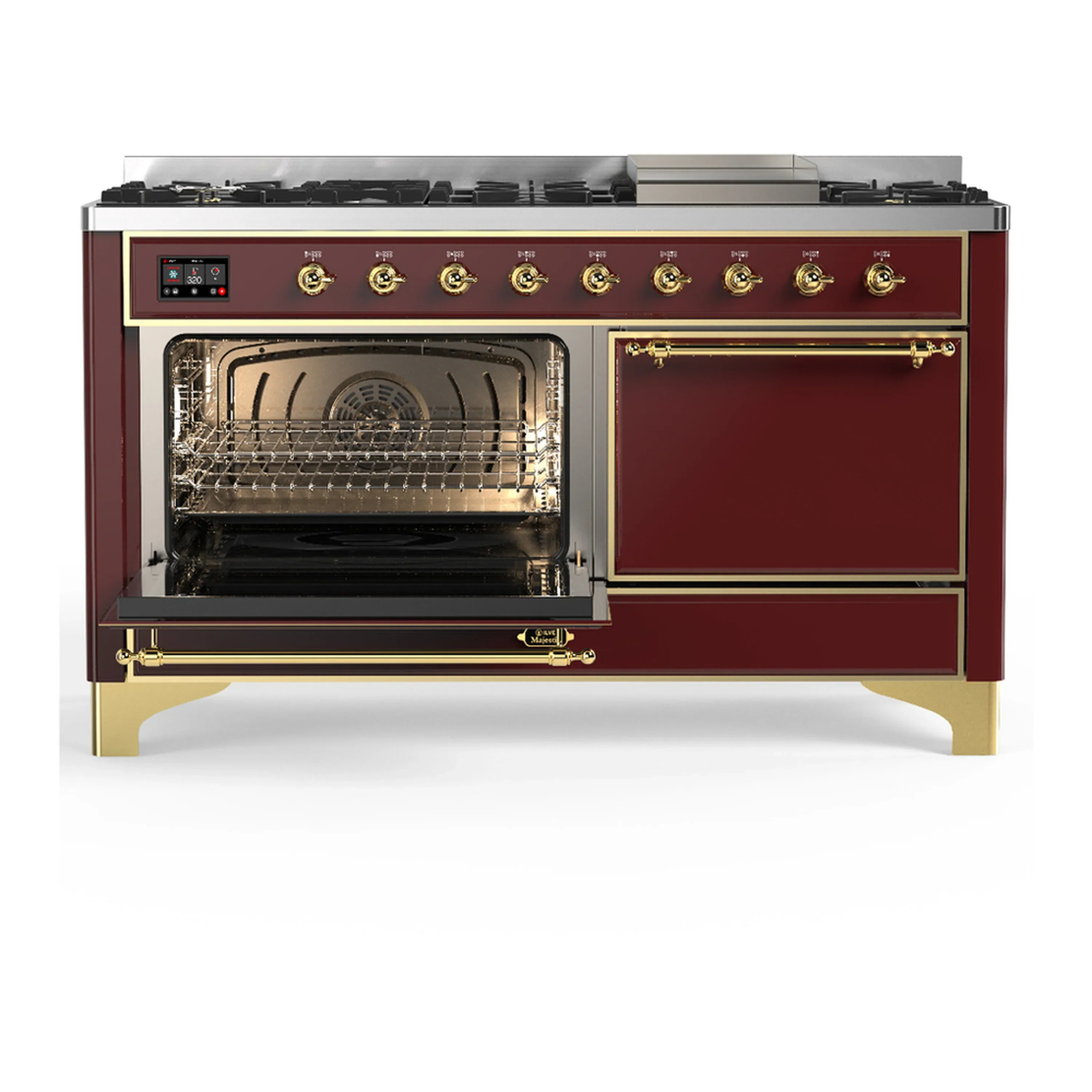 ILVE Majestic III 60-inch Dual Fuel Range with 5 Liquid Propane Burner, Griddle and Solid Door Electric Oven in Burgundy with Brass Trim (UM60FQNR3BUGLP) - Image 5