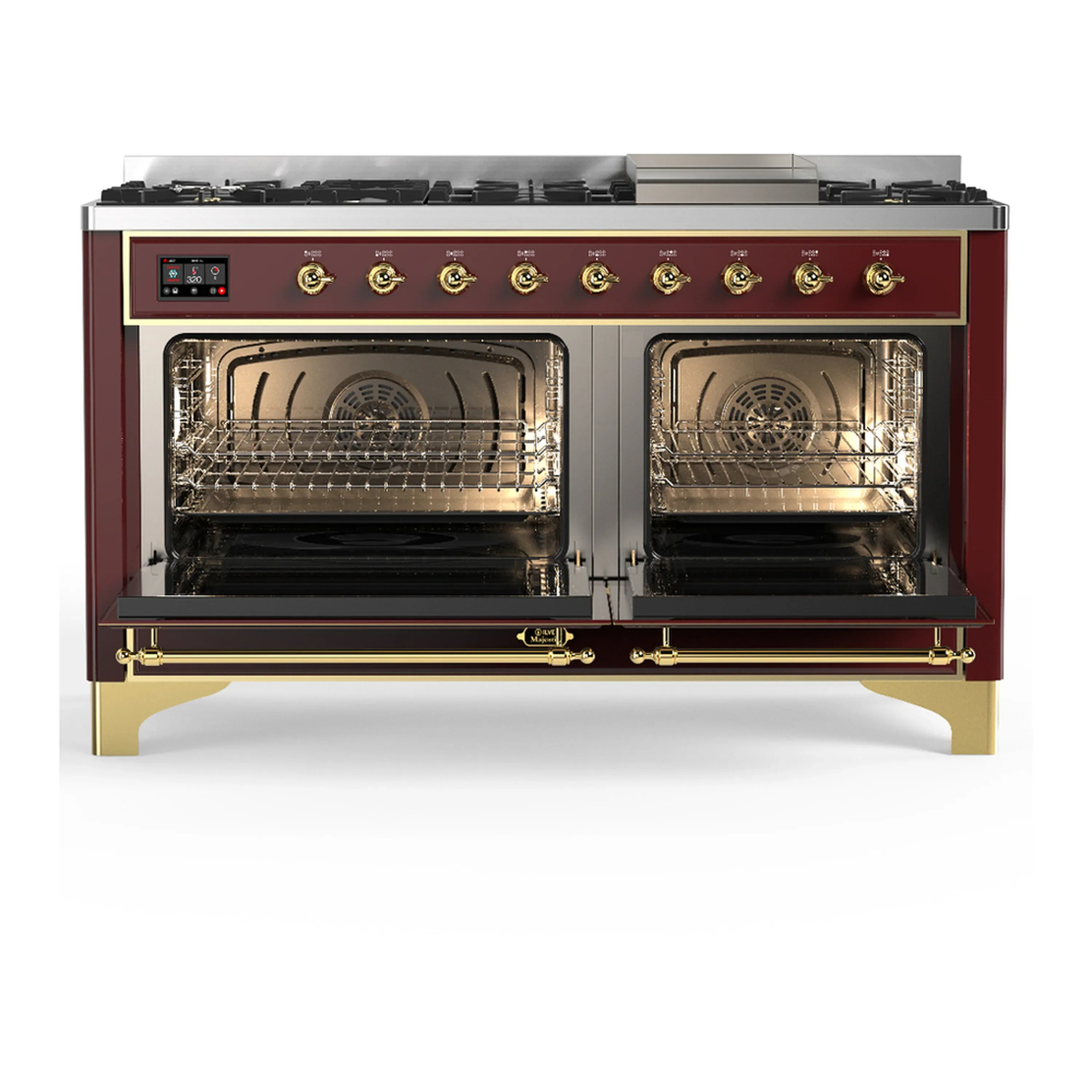 ILVE Majestic III 60-inch Dual Fuel Range with 5 Liquid Propane Burner, Griddle and Solid Door Electric Oven in Burgundy with Brass Trim (UM60FQNR3BUGLP) - Image 6