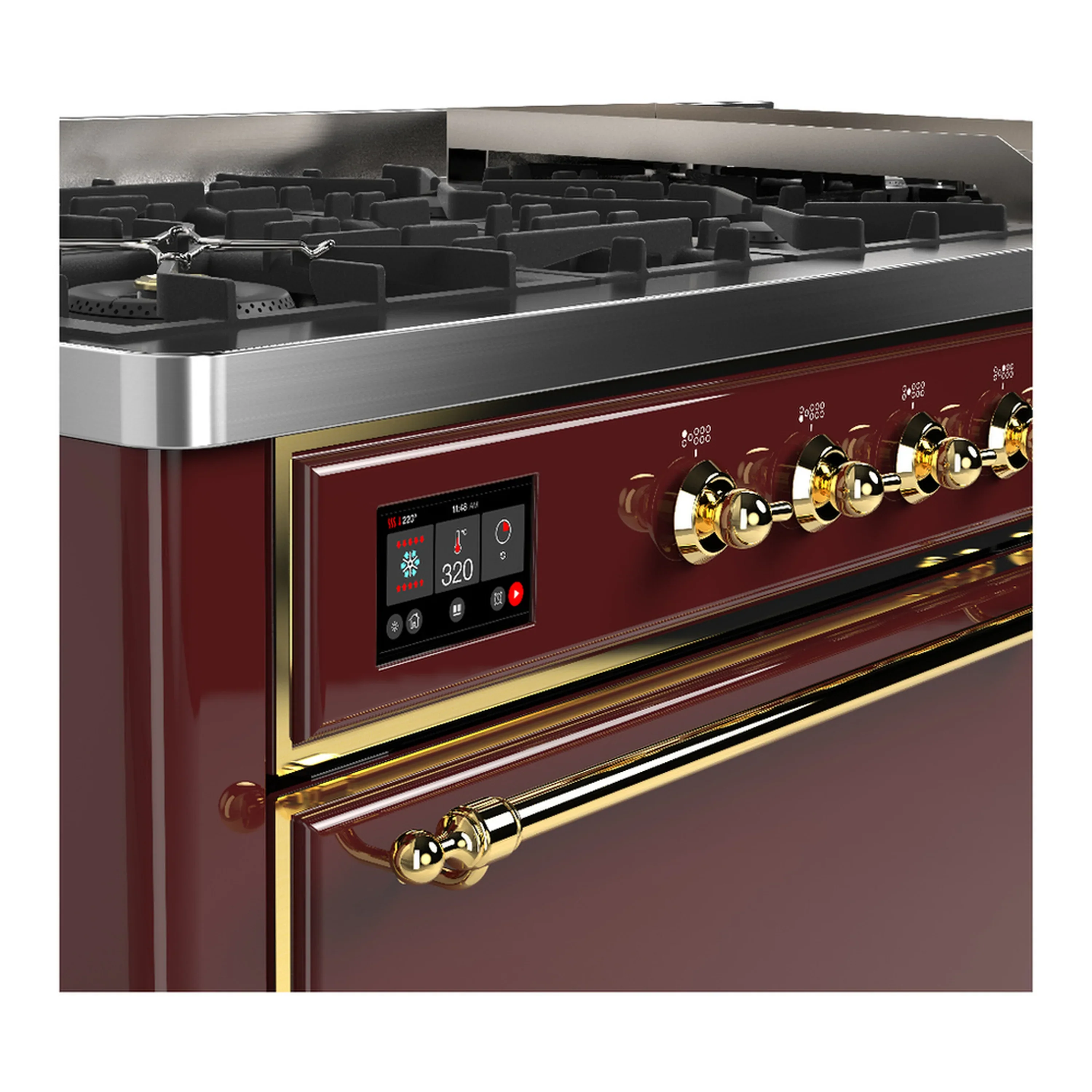 ILVE Majestic III 60-inch Dual Fuel Range with 5 Liquid Propane Burner, Griddle and Solid Door Electric Oven in Burgundy with Brass Trim (UM60FQNR3BUGLP) - Image 7