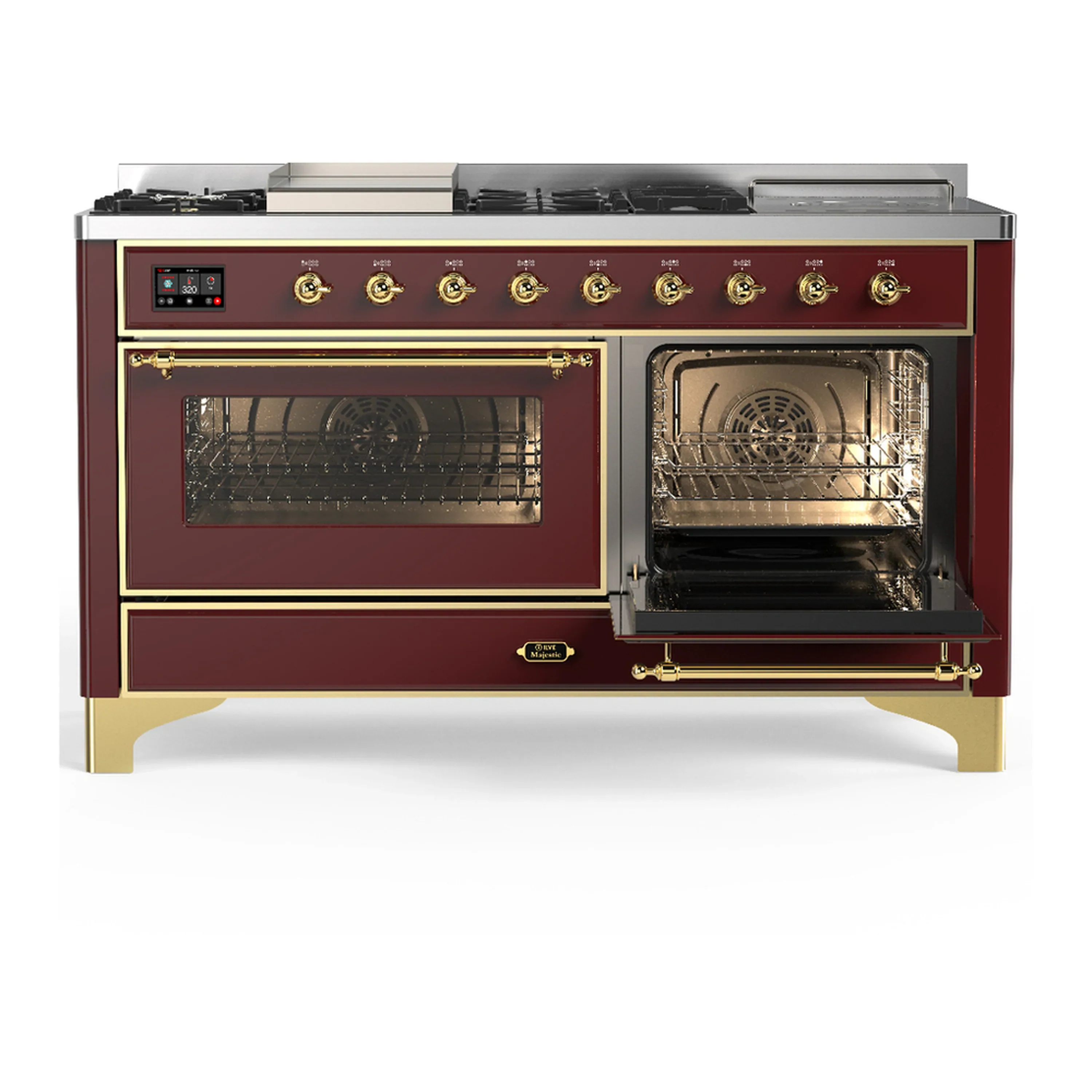 ILVE Majestic III 60-inch Dual Fuel Range with 7 Natural Gas Burner, Griddle, French Top and Triple Glass Door Electric Oven in Burgundy with Brass Trim (UM60FSNR3BUG) - Image 4
