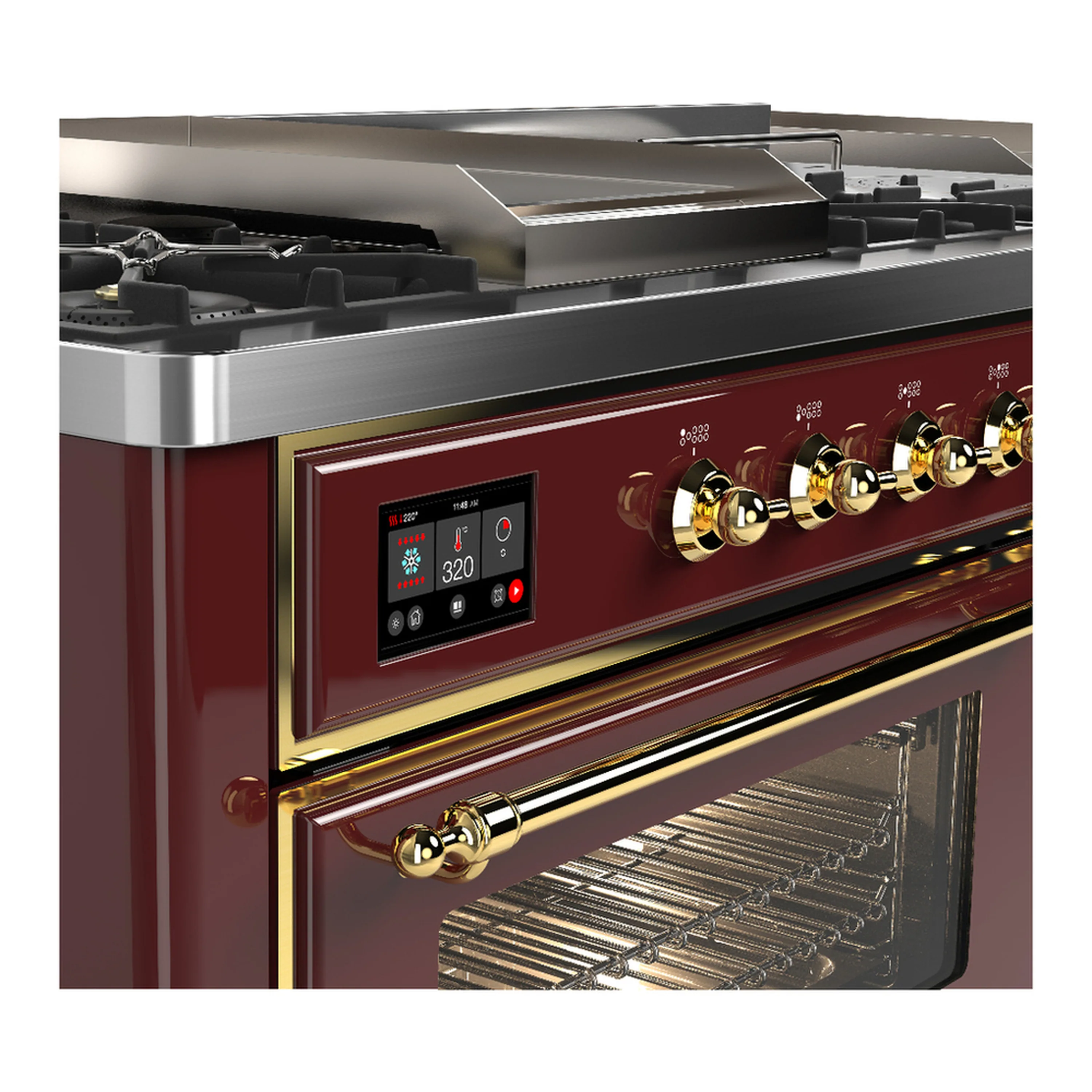 ILVE Majestic III 60-inch Dual Fuel Range with 7 Natural Gas Burner, Griddle, French Top and Triple Glass Door Electric Oven in Burgundy with Brass Trim (UM60FSNR3BUG) - Image 7