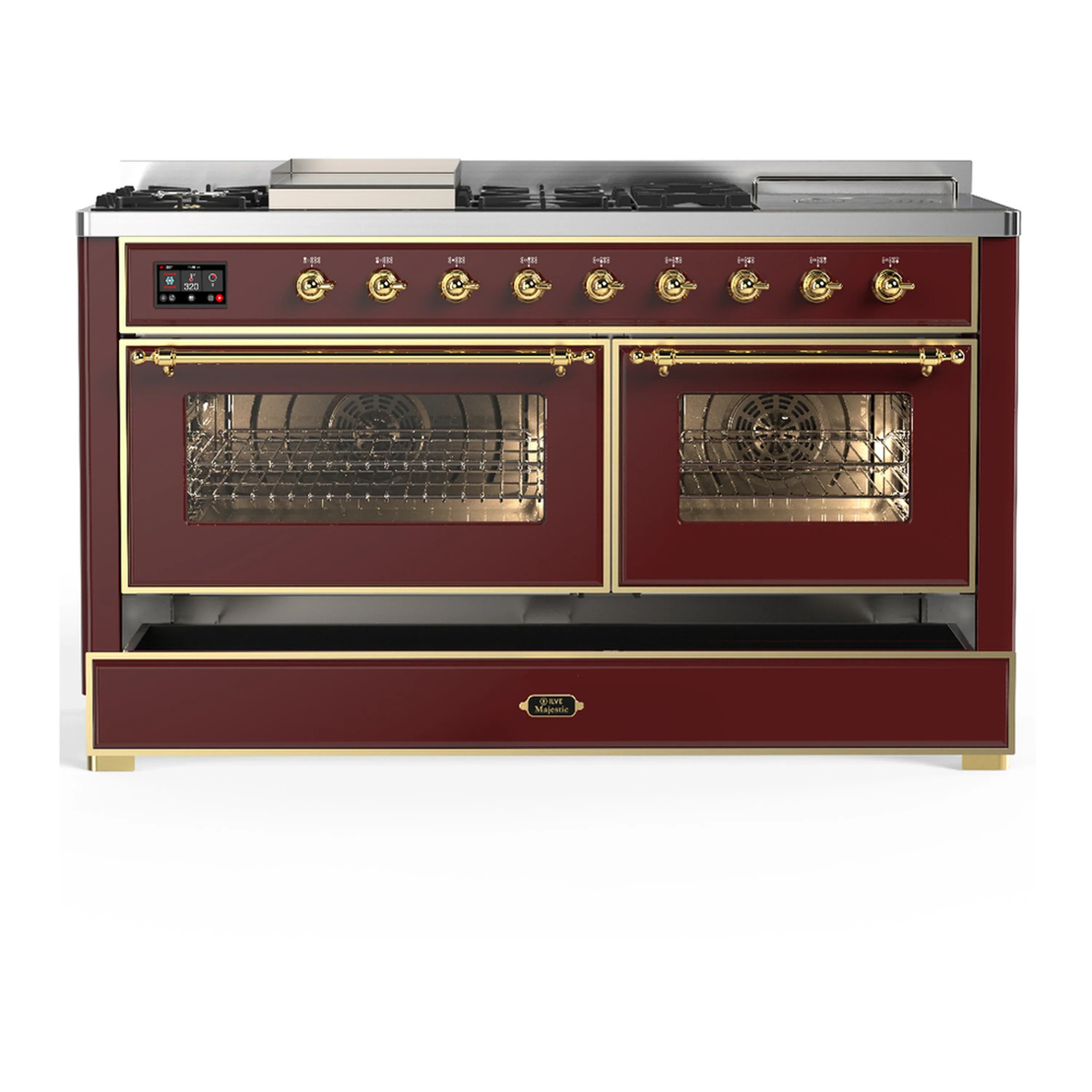 ILVE Majestic III 60-inch Dual Fuel Range with 5 Liquid Propane Burner, Griddle, French Top and Triple Glass Door Electric Oven in Burgundy with Brass Trim (UM60FSNR3BUGLP) - Image 3