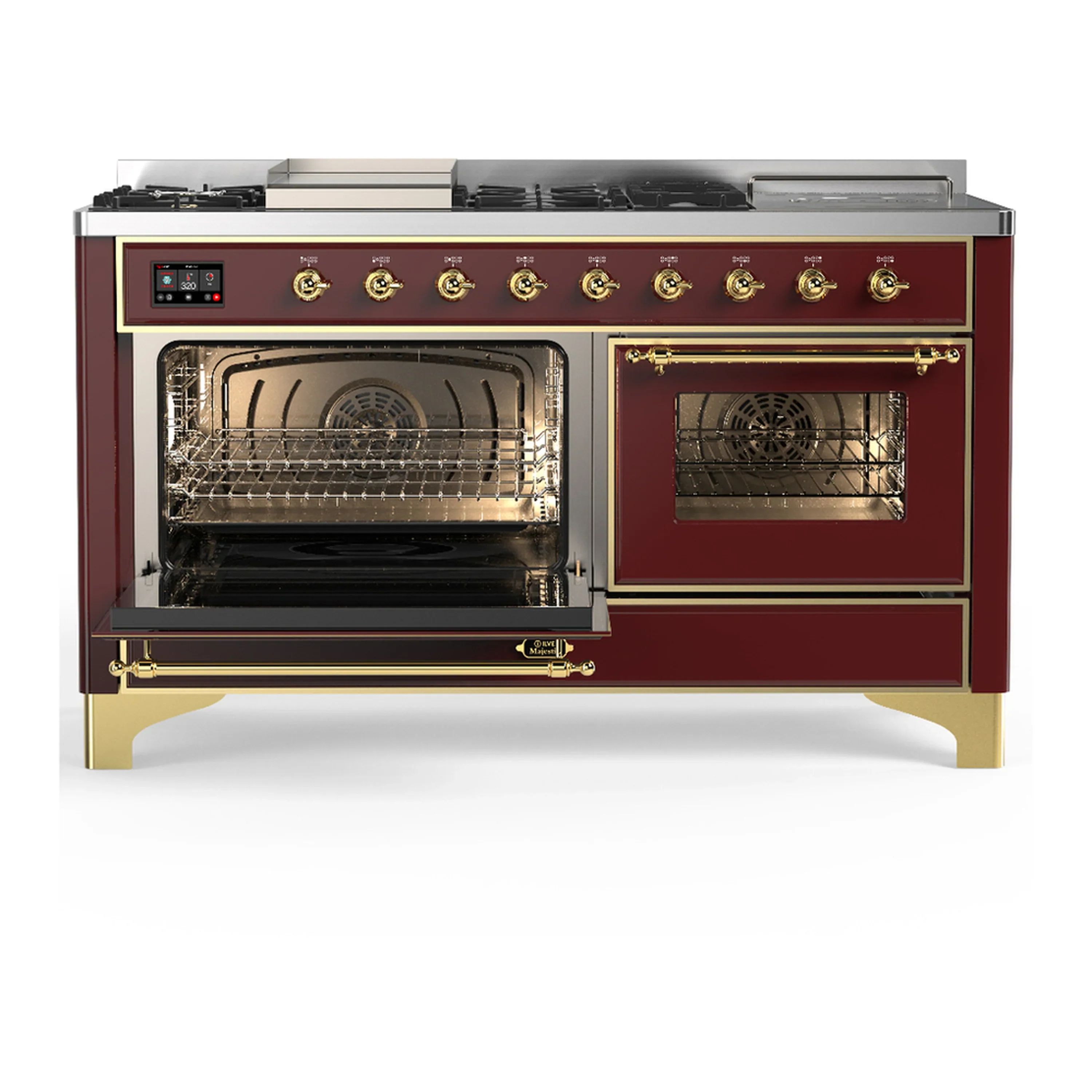 ILVE Majestic III 60-inch Dual Fuel Range with 5 Liquid Propane Burner, Griddle, French Top and Triple Glass Door Electric Oven in Burgundy with Brass Trim (UM60FSNR3BUGLP) - Image 5