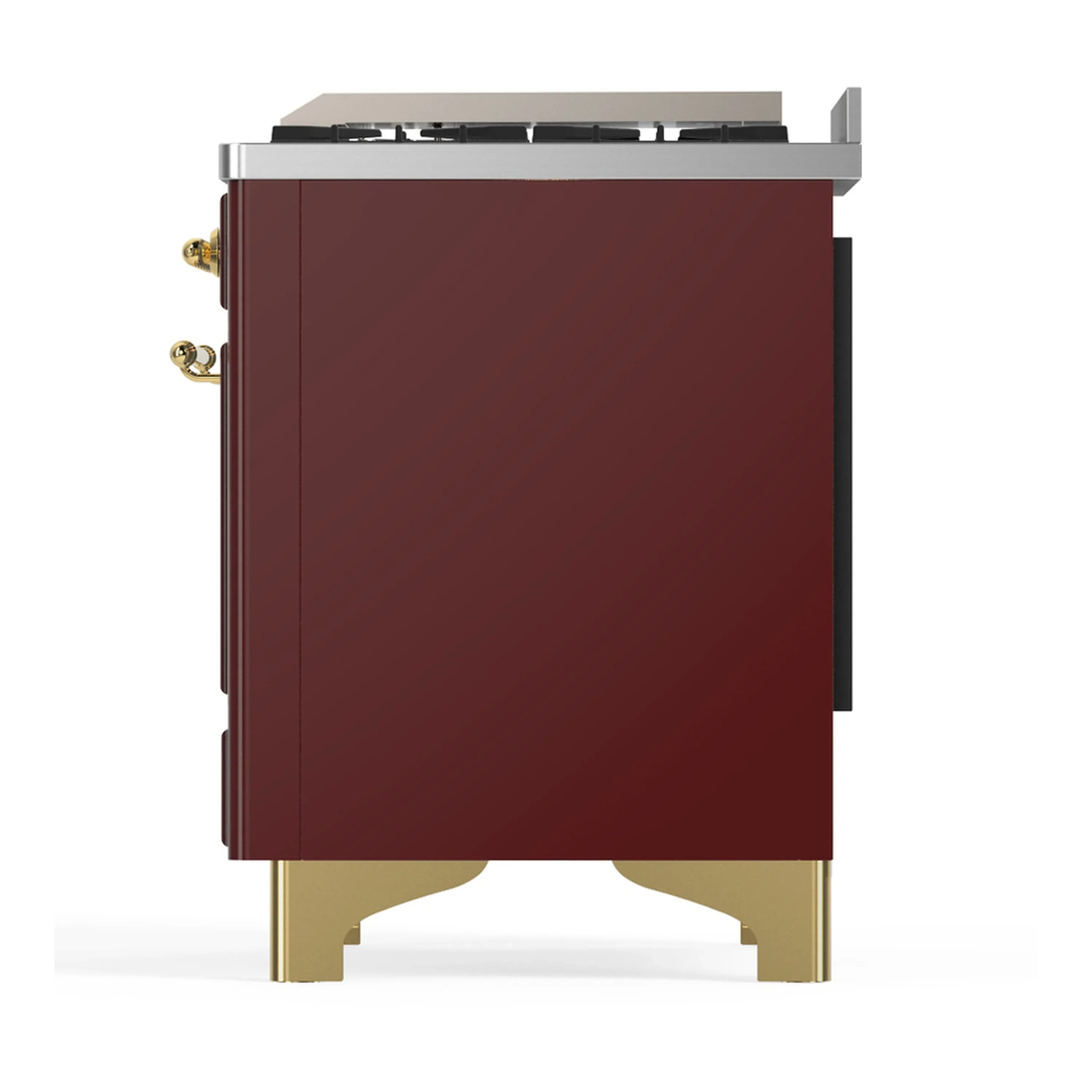 ILVE Majestic III 60-inch Dual Fuel Range with 5 Liquid Propane Burner, Griddle, French Top and Triple Glass Door Electric Oven in Burgundy with Brass Trim (UM60FSNR3BUGLP) - Image 9