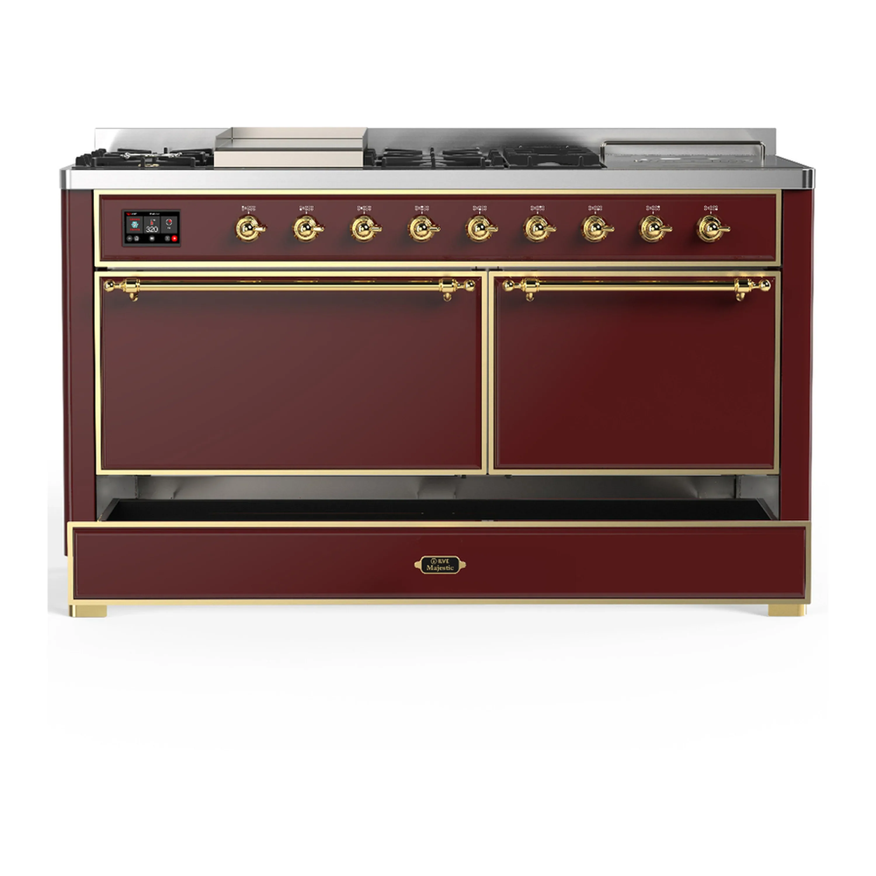 ILVE Majestic III 60-inch Dual Fuel Range with 7 Natural Gas Burner, Griddle, French Top and Solid Door Electric Oven in Burgundy with Brass Trim (UM60FSQNR3BUG) - Image 3