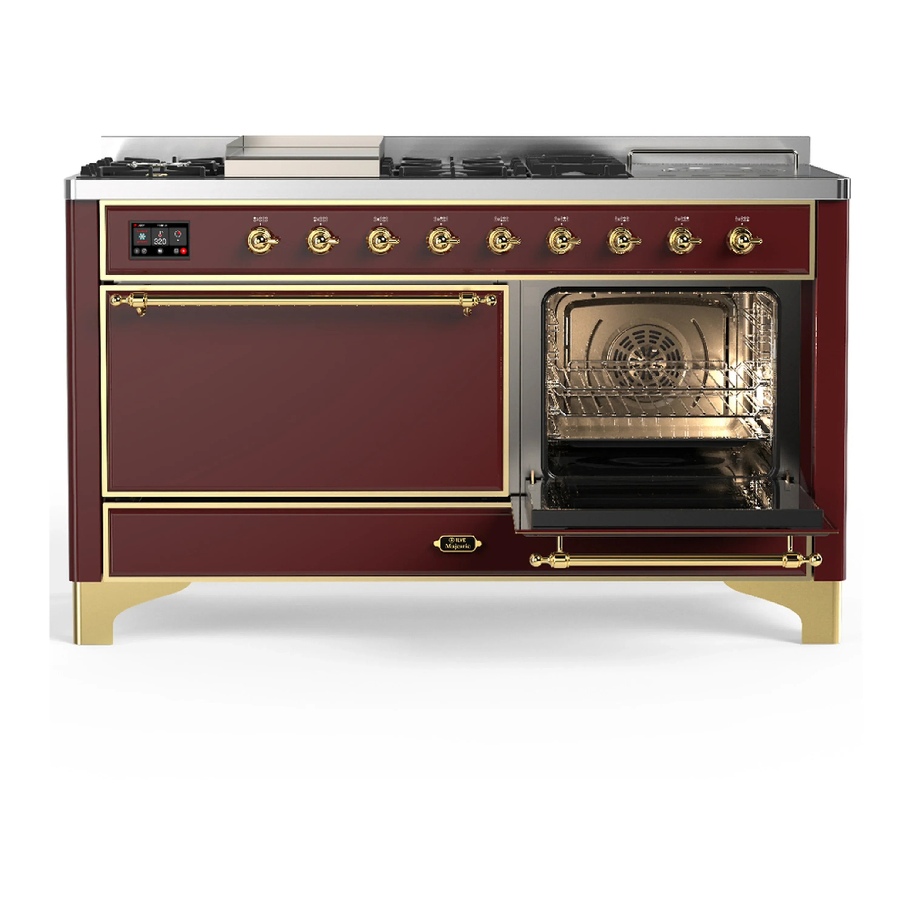 ILVE Majestic III 60-inch Dual Fuel Range with 7 Natural Gas Burner, Griddle, French Top and Solid Door Electric Oven in Burgundy with Brass Trim (UM60FSQNR3BUG) - Image 4