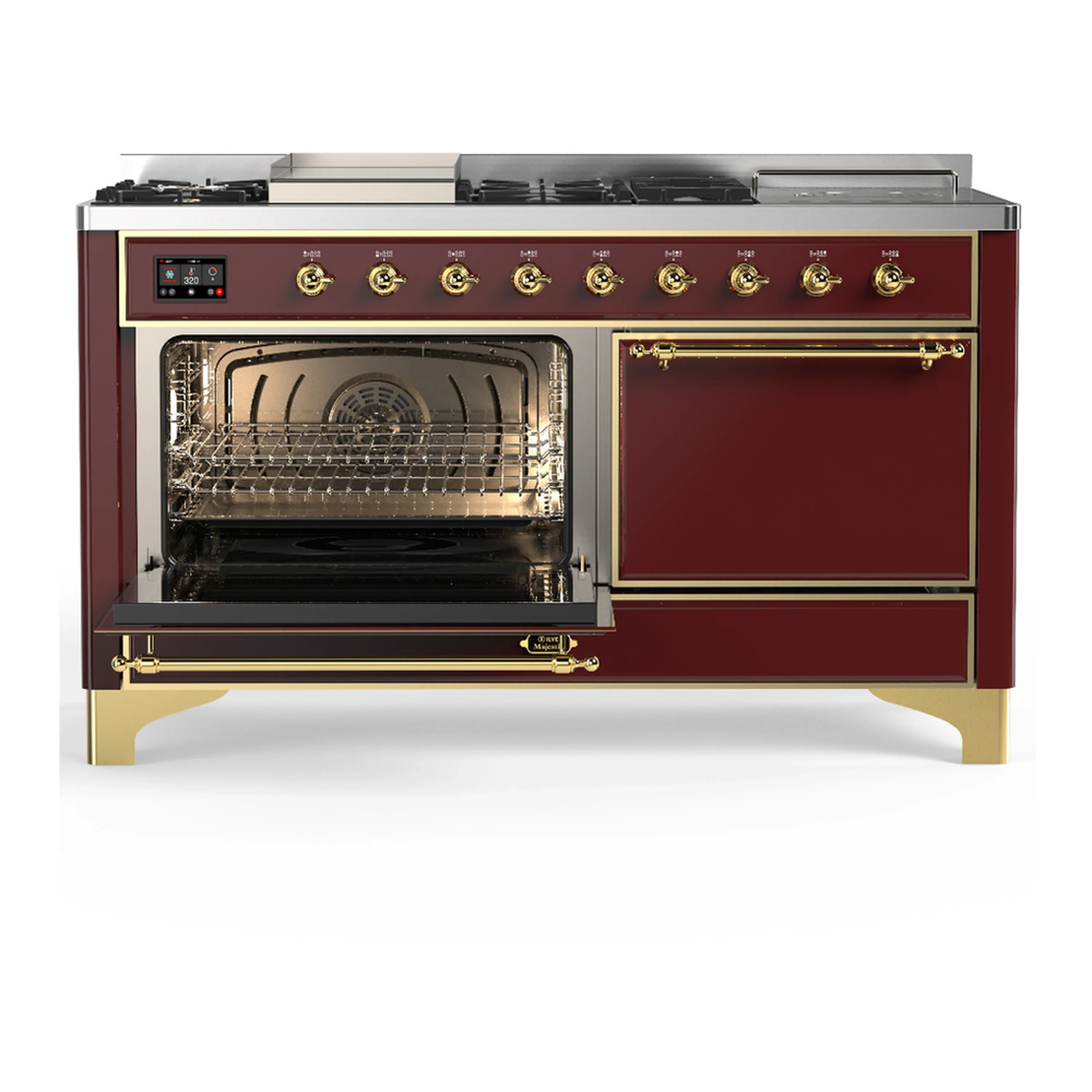ILVE Majestic III 60-inch Dual Fuel Range with 7 Natural Gas Burner, Griddle, French Top and Solid Door Electric Oven in Burgundy with Brass Trim (UM60FSQNR3BUG) - Image 5