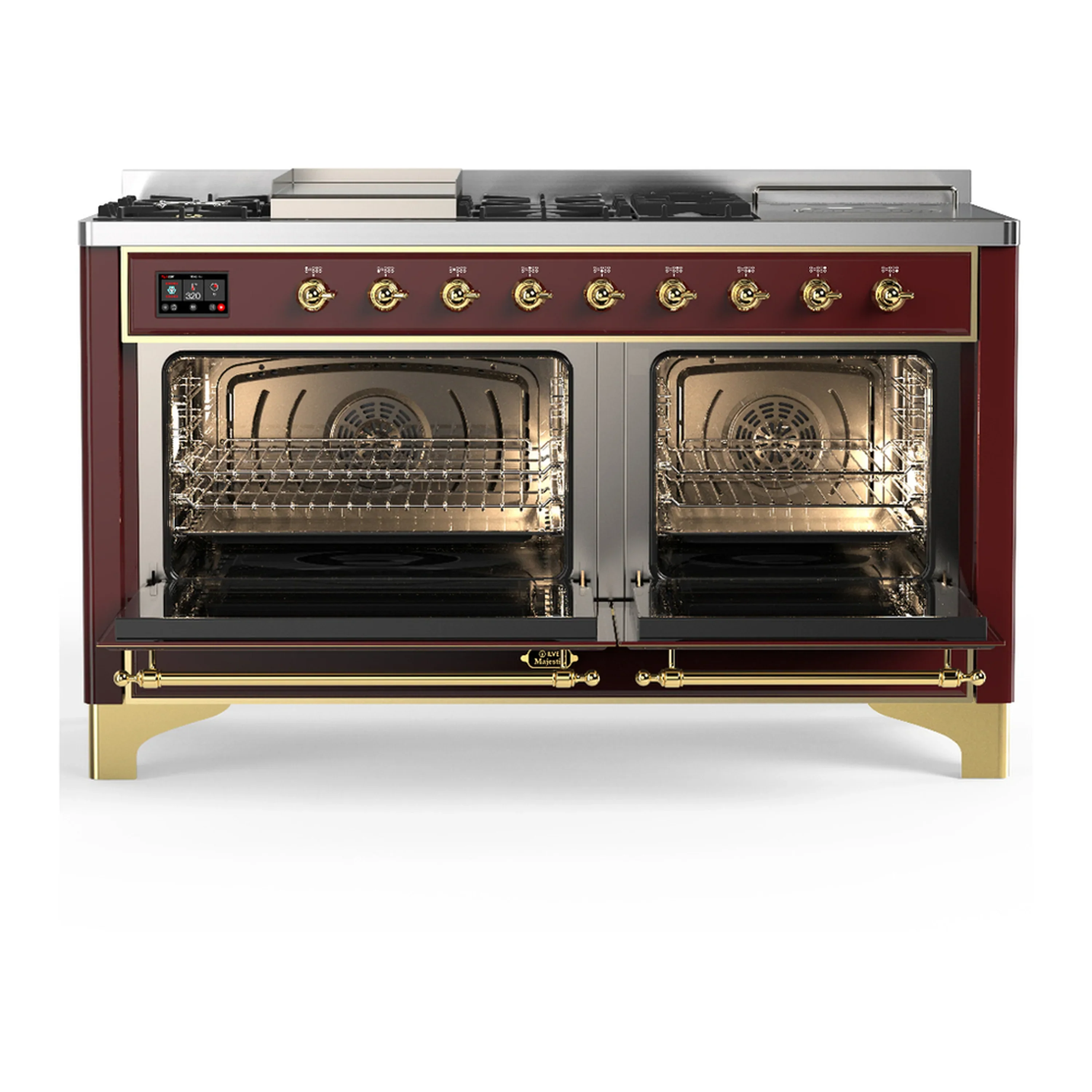 ILVE Majestic III 60-inch Dual Fuel Range with 7 Natural Gas Burner, Griddle, French Top and Solid Door Electric Oven in Burgundy with Brass Trim (UM60FSQNR3BUG) - Image 6