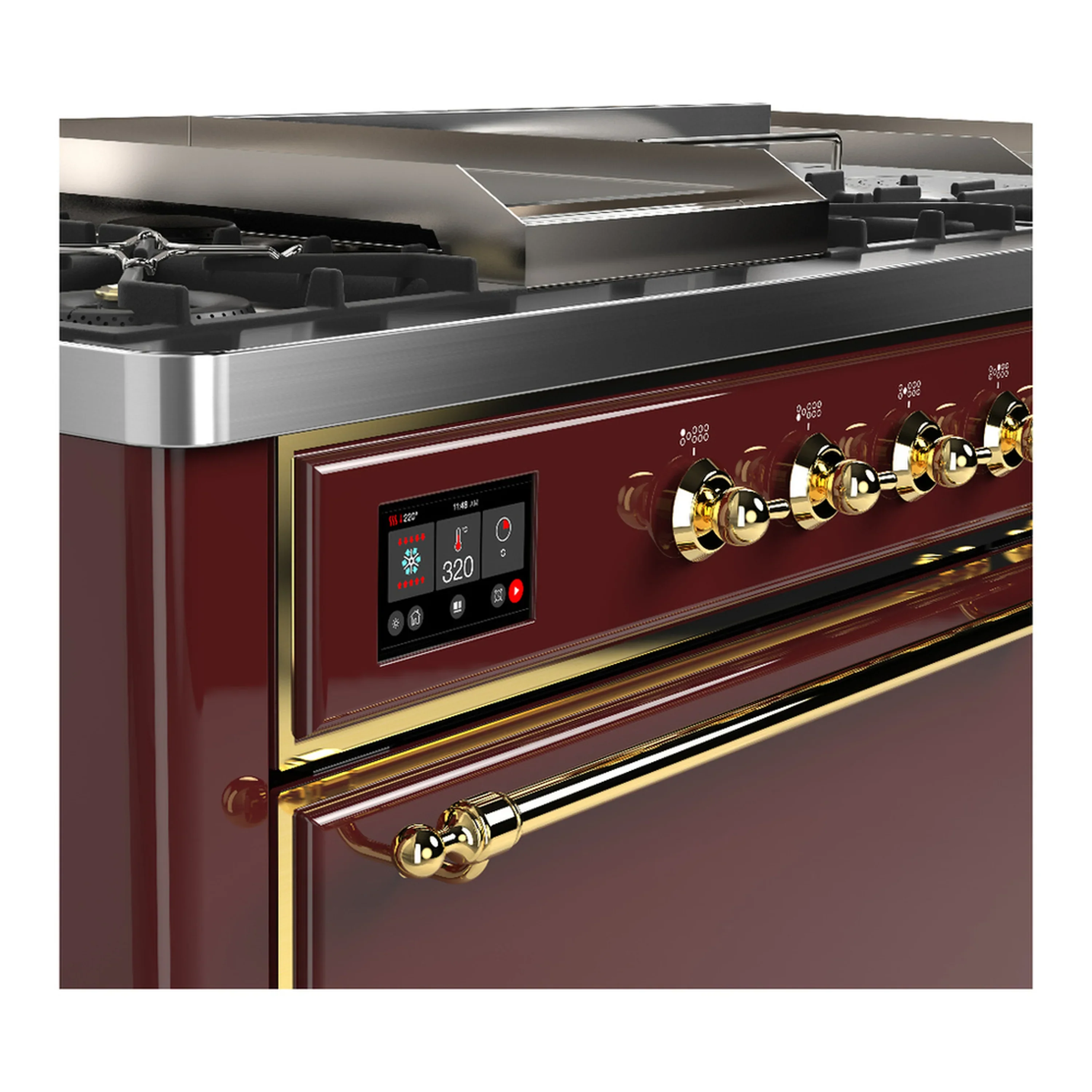 ILVE Majestic III 60-inch Dual Fuel Range with 5 Liquid Propane Burner, Griddle, French Top and Solid Door Electric Oven in Burgundy with Brass Trim (UM60FSQNR3BUGLP) - Image 7
