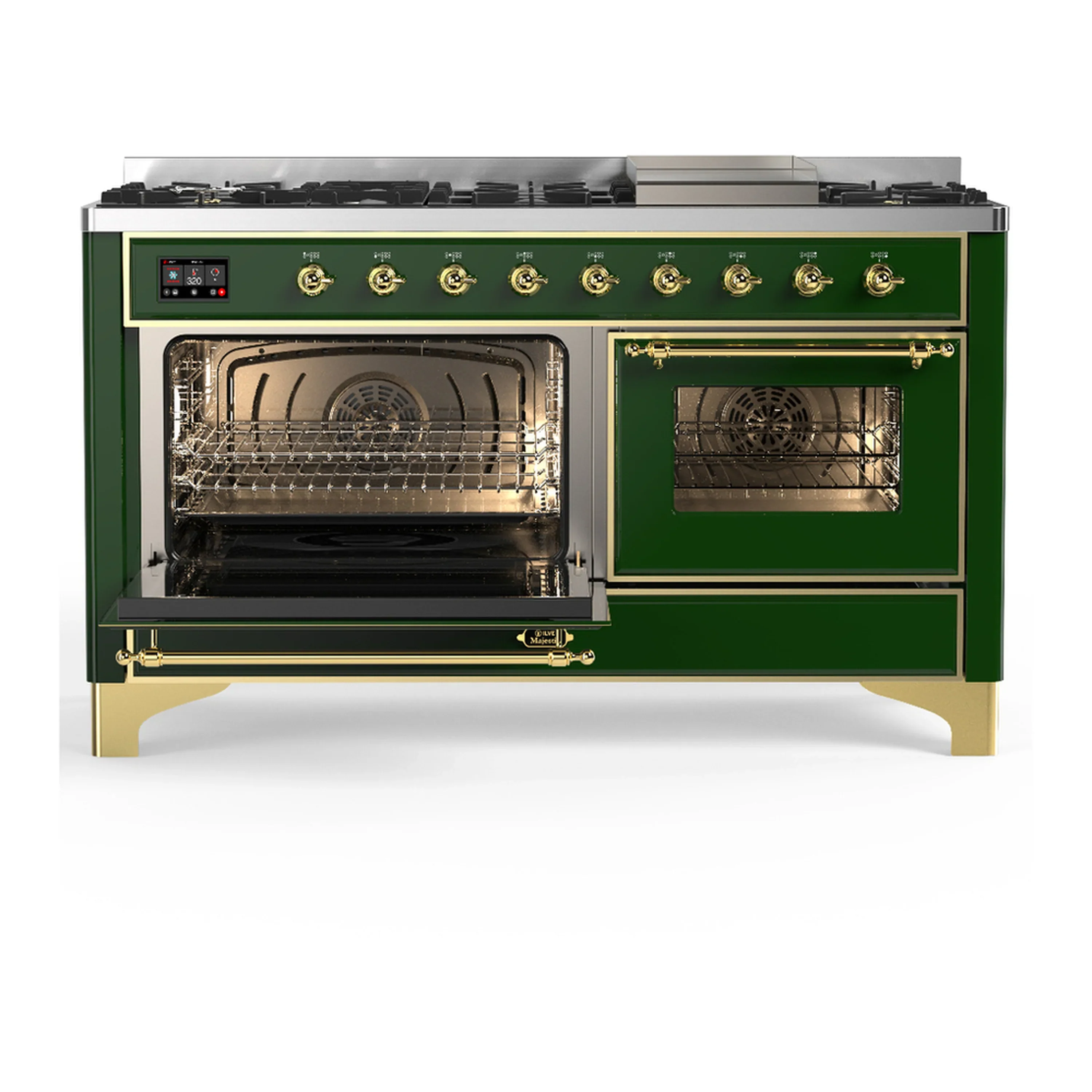 ILVE Majestic III 60-inch Dual Fuel Range with 7 Natural Gas Burner, Griddle and Triple Glass Door Electric Oven in Emerald Green with Brass Trim (UM60FNR3EGG) - Image 5