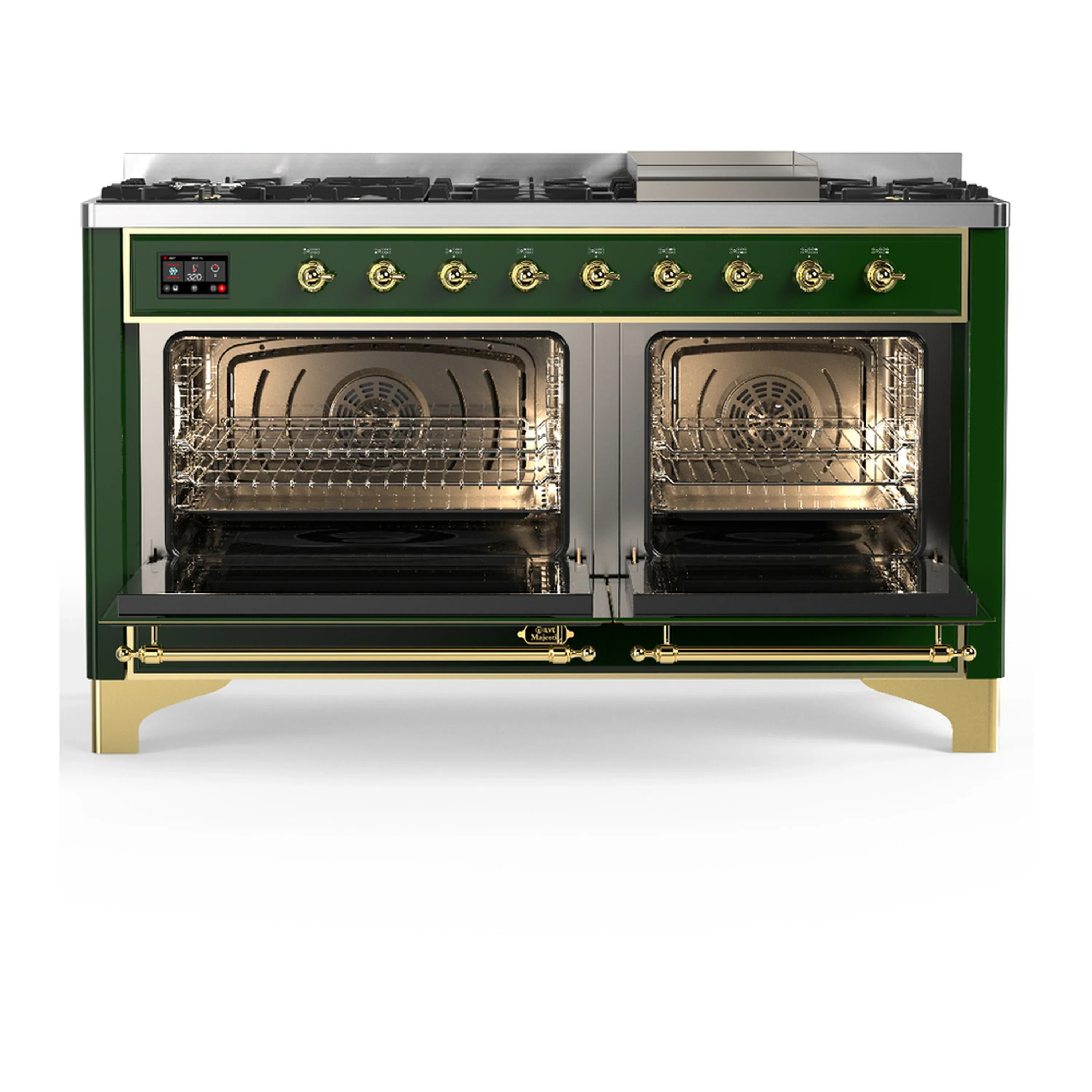 ILVE Majestic III 60-inch Dual Fuel Range with 7 Natural Gas Burner, Griddle and Triple Glass Door Electric Oven in Emerald Green with Brass Trim (UM60FNR3EGG) - Image 6
