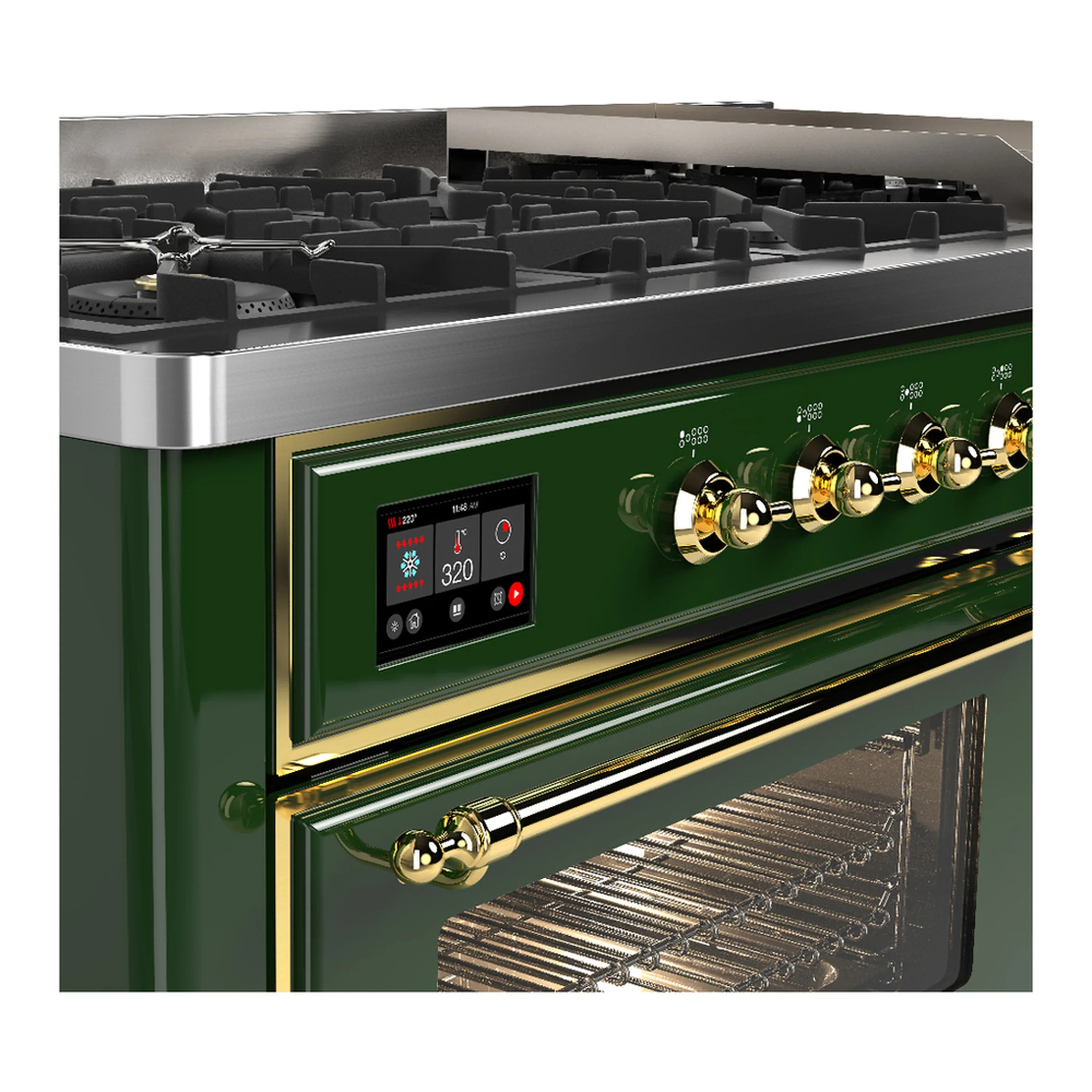 ILVE Majestic III 60-inch Dual Fuel Range with 7 Natural Gas Burner, Griddle and Triple Glass Door Electric Oven in Emerald Green with Brass Trim (UM60FNR3EGG) - Image 7