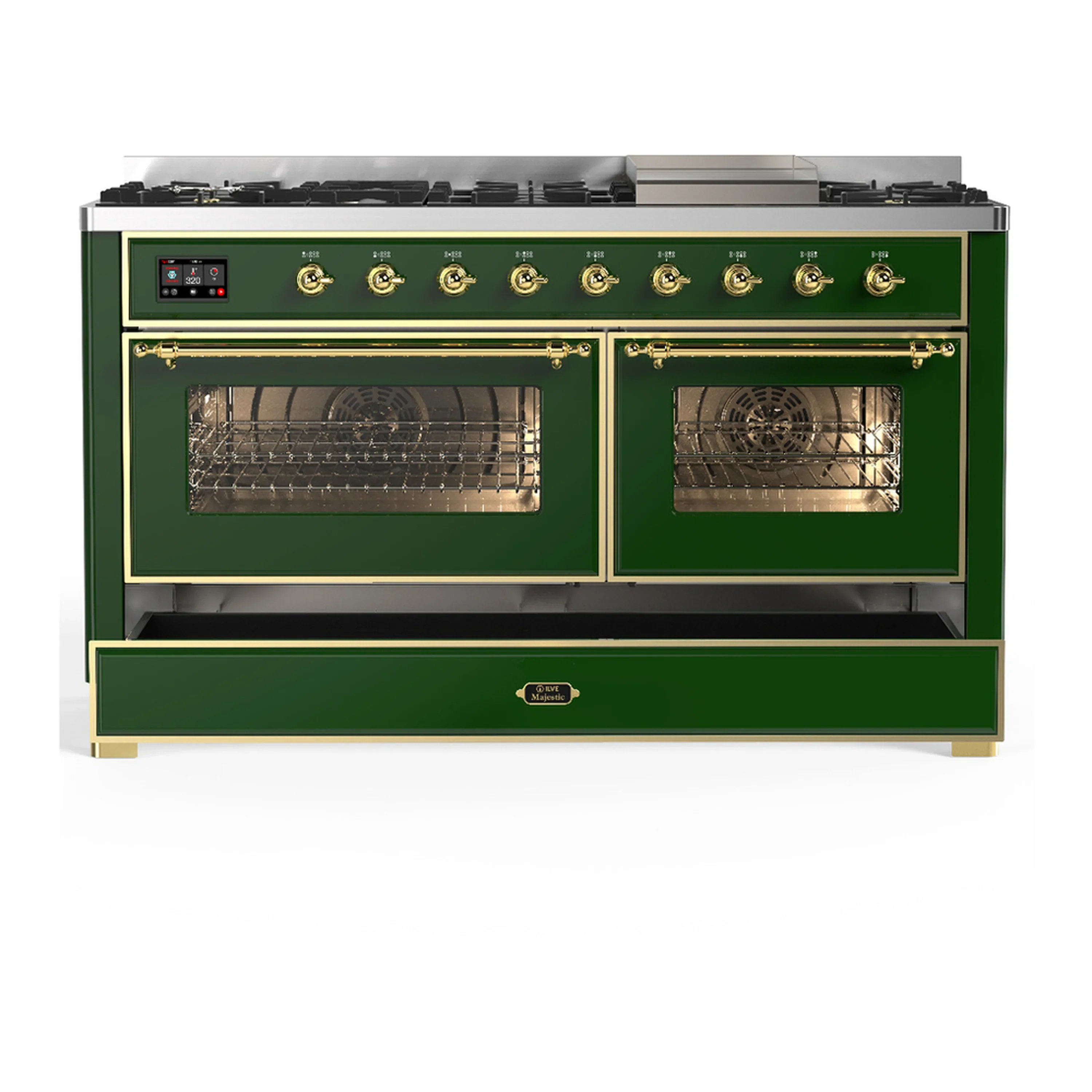 ILVE Majestic III 60-inch Dual Fuel Range with 5 Liquid Propane Burner, Griddle and Triple Glass Door Electric Oven in Emerald Green with Brass Trim (UM60FNR3EGGLP) - Image 3