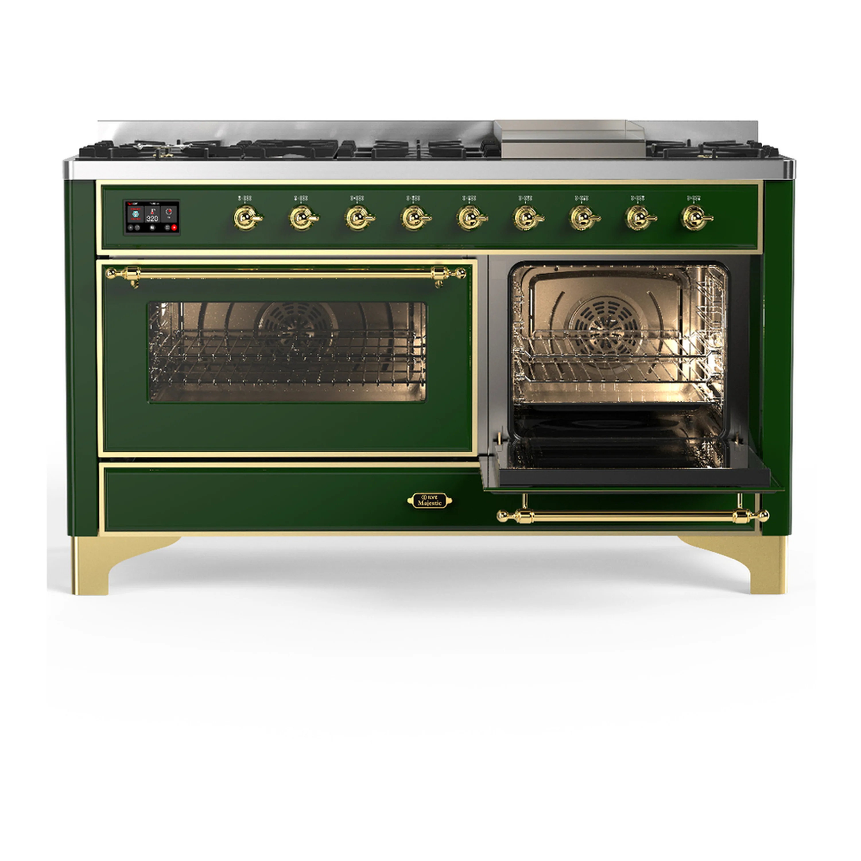 ILVE Majestic III 60-inch Dual Fuel Range with 5 Liquid Propane Burner, Griddle and Triple Glass Door Electric Oven in Emerald Green with Brass Trim (UM60FNR3EGGLP) - Image 4