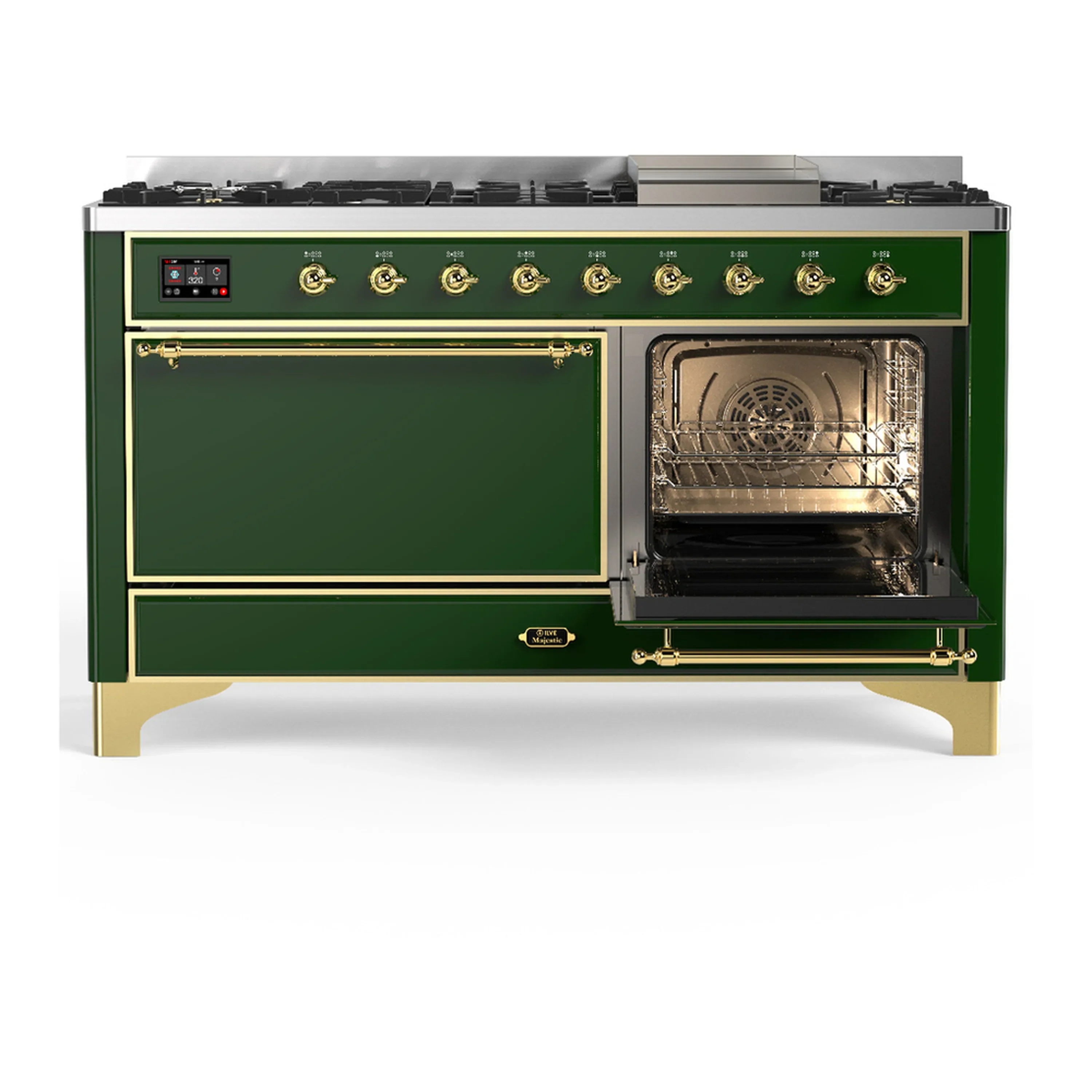 ILVE Majestic III 60-inch Dual Fuel Range with 7 Natural Gas Burner, Griddle and Solid Door Electric Oven in Emerald Green with Brass Trim (UM60FQNR3EGG) - Image 4