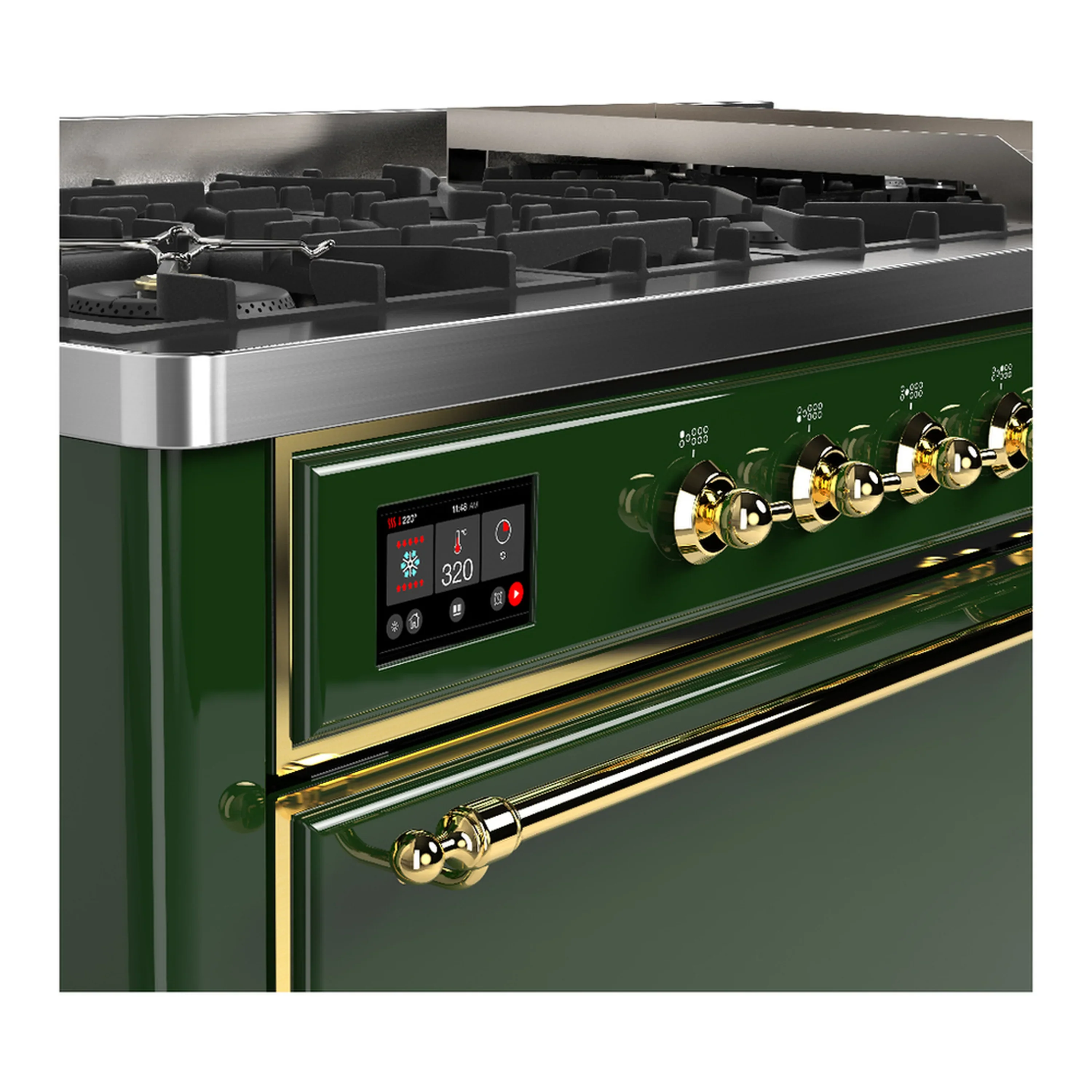 ILVE Majestic III 60-inch Dual Fuel Range with 7 Natural Gas Burner, Griddle and Solid Door Electric Oven in Emerald Green with Brass Trim (UM60FQNR3EGG) - Image 7