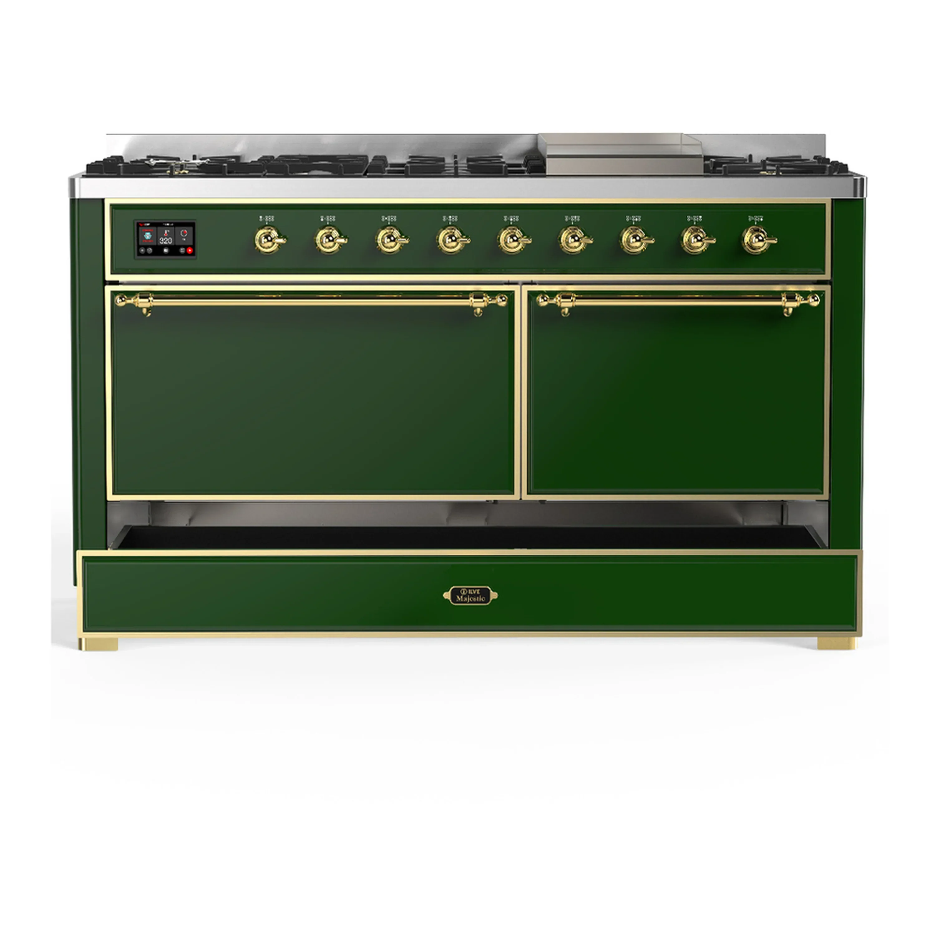ILVE Majestic III 60-inch Dual Fuel Range with 5 Liquid Propane Burner, Griddle and Solid Door Electric Oven in Emerald Green with Brass Trim (UM60FQNR3EGGLP) - Image 3