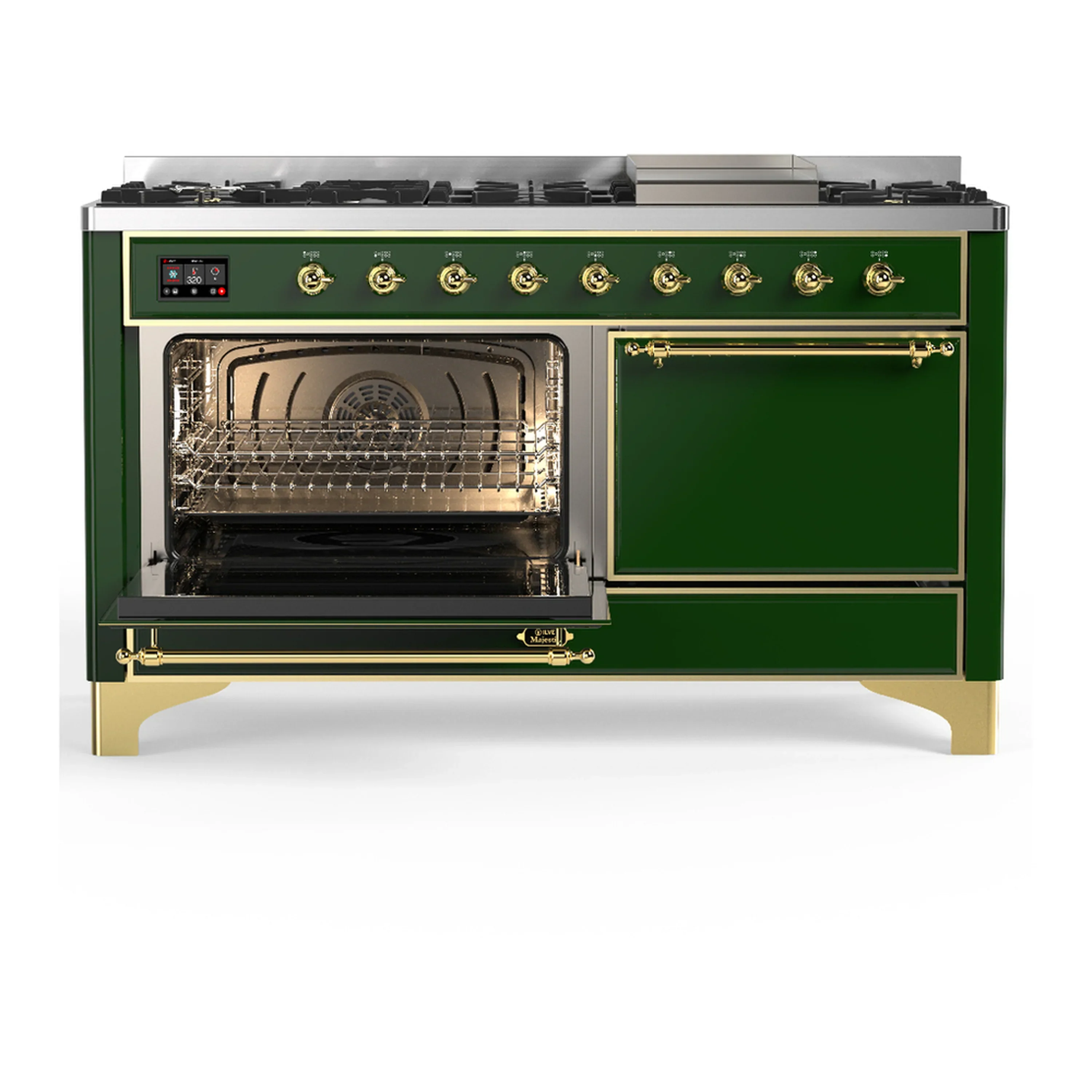 ILVE Majestic III 60-inch Dual Fuel Range with 5 Liquid Propane Burner, Griddle and Solid Door Electric Oven in Emerald Green with Brass Trim (UM60FQNR3EGGLP) - Image 5