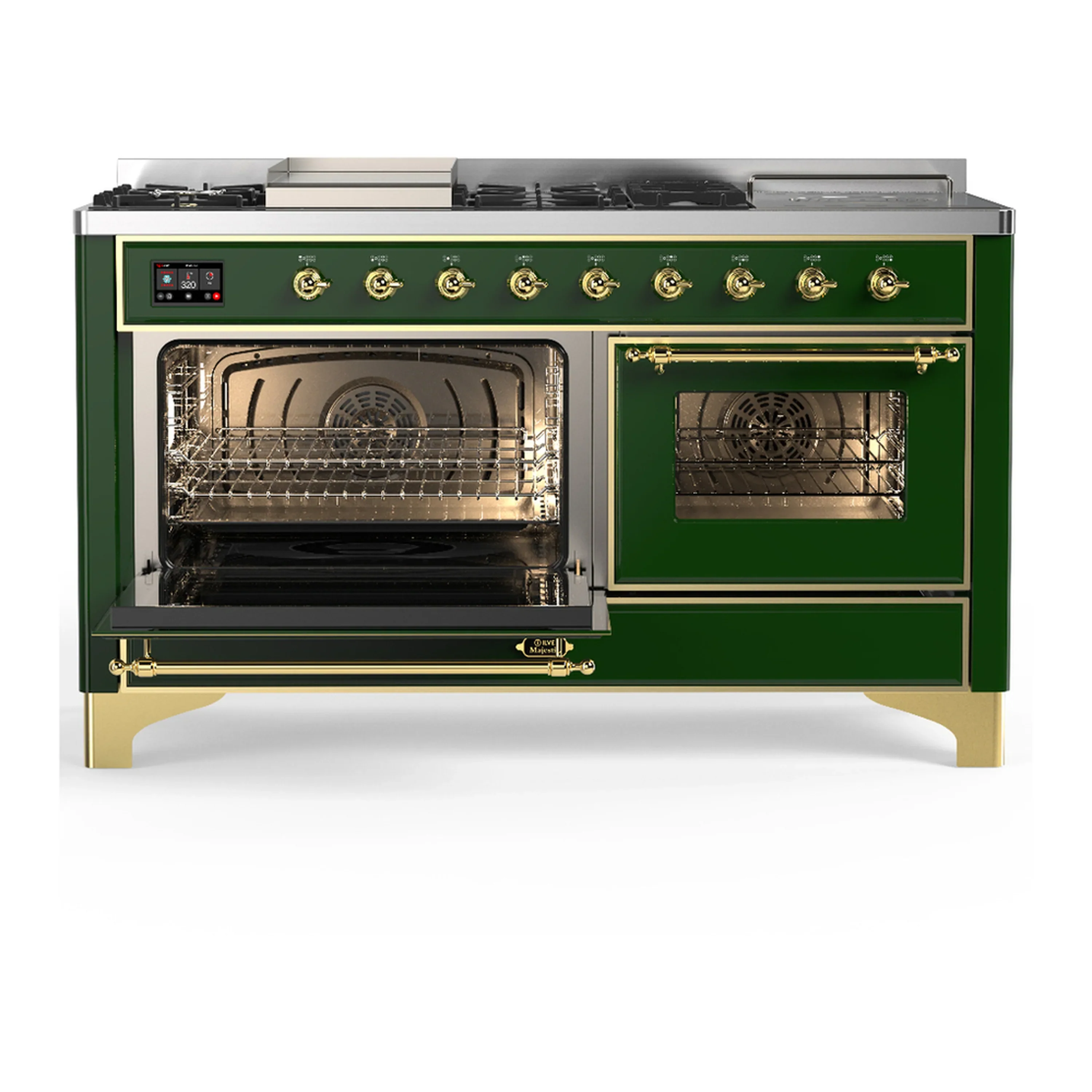 ILVE Majestic III 60-inch Dual Fuel Range with 7 Natural Gas Burner, Griddle, French Top and Triple Glass Door Electric Oven in Emerald Green with Brass Trim (UM60FSNR3EGG) - Image 5