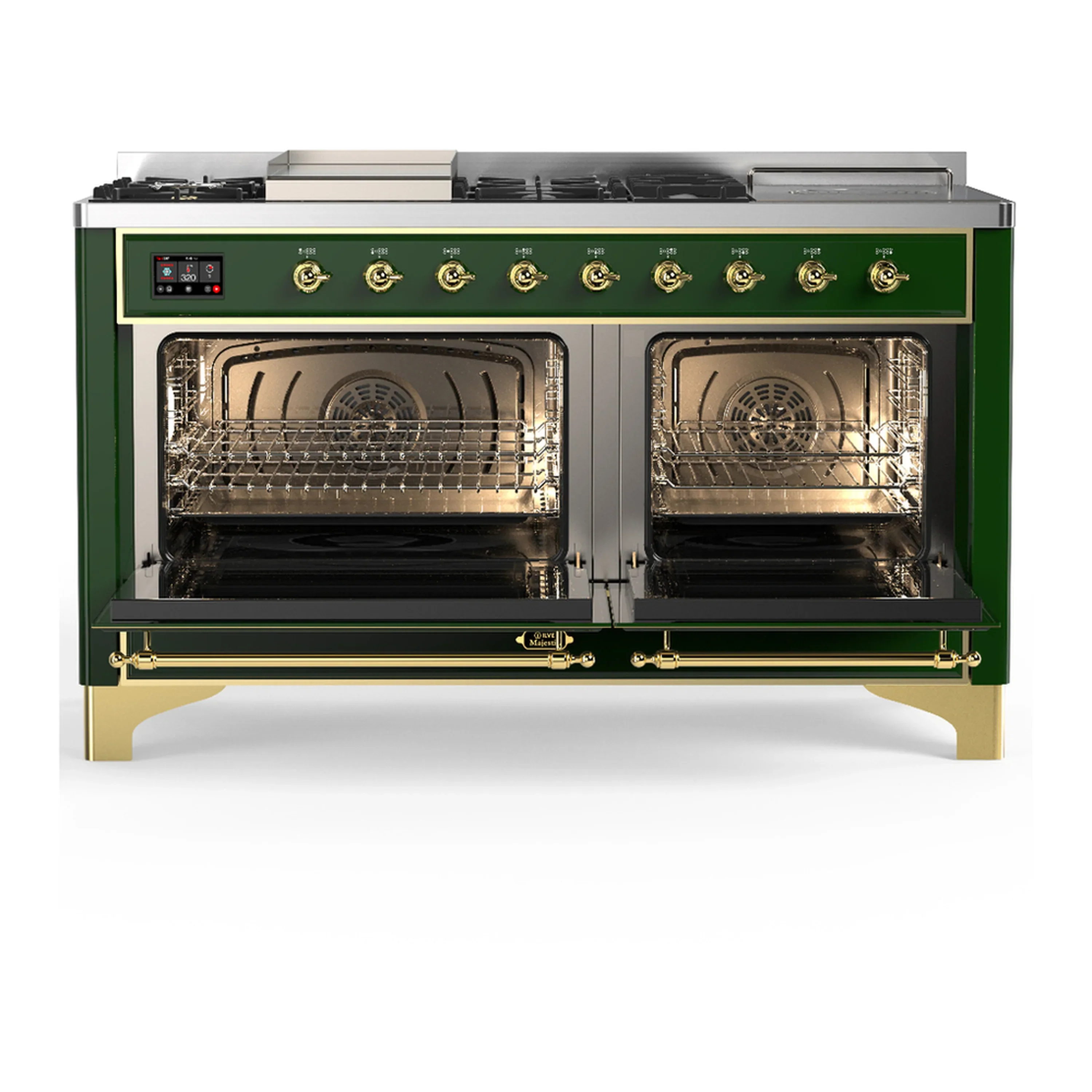 ILVE Majestic III 60-inch Dual Fuel Range with 7 Natural Gas Burner, Griddle, French Top and Triple Glass Door Electric Oven in Emerald Green with Brass Trim (UM60FSNR3EGG) - Image 6