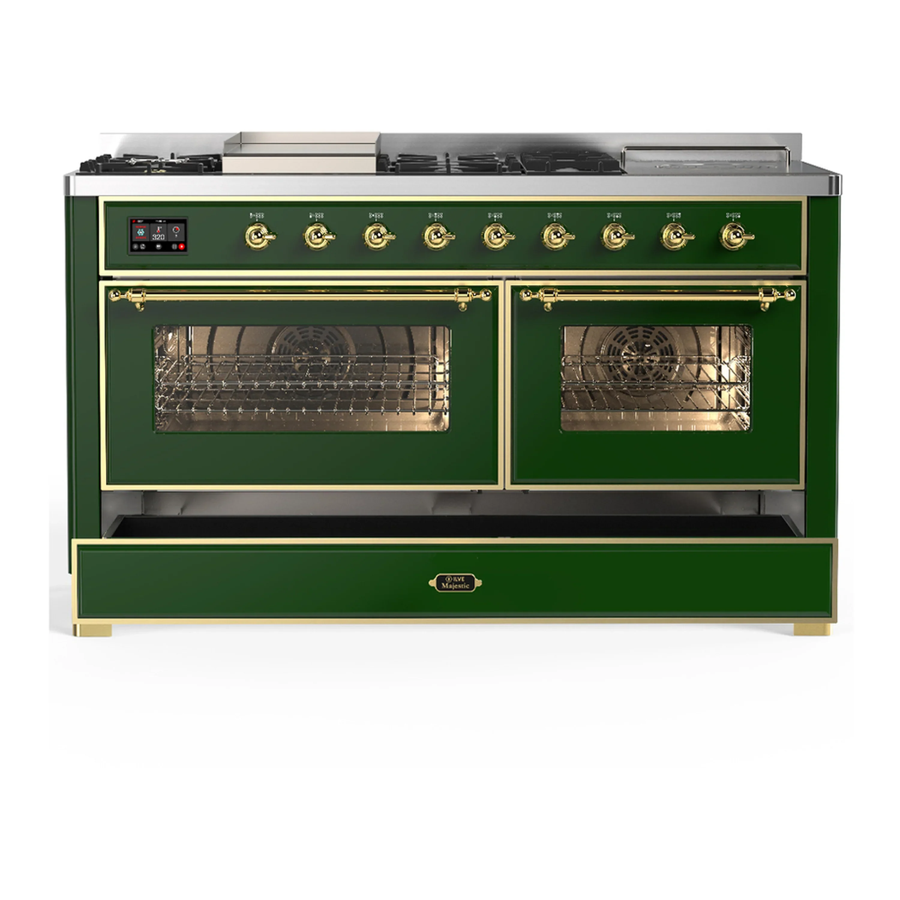 ILVE Majestic III 60-inch Dual Fuel Range with 5 Liquid Propane Burner, Griddle, French Top and Triple Glass Door Electric Oven in Emerald Green with Brass Trim (UM60FSNR3EGGLP) - Image 3