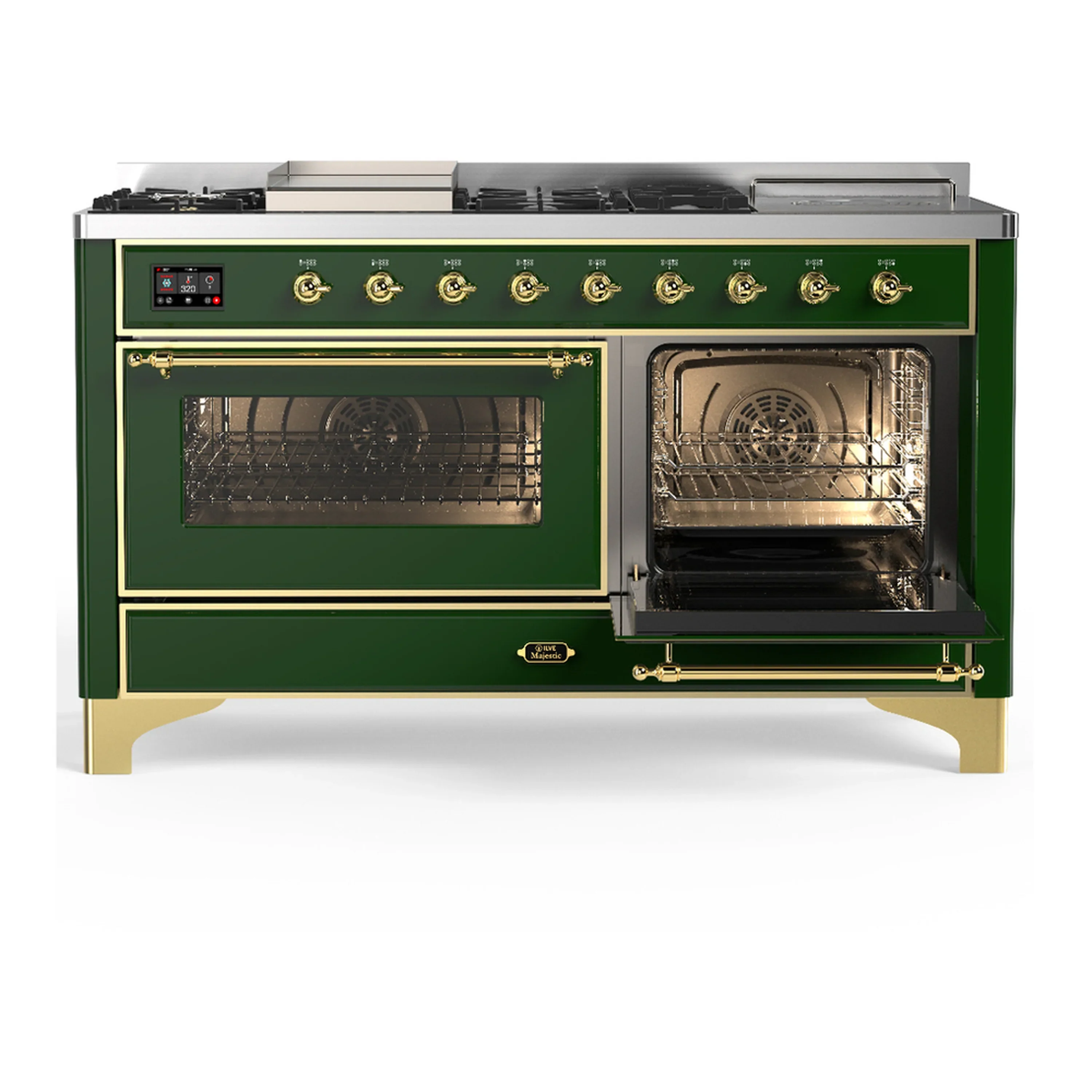 ILVE Majestic III 60-inch Dual Fuel Range with 5 Liquid Propane Burner, Griddle, French Top and Triple Glass Door Electric Oven in Emerald Green with Brass Trim (UM60FSNR3EGGLP) - Image 4