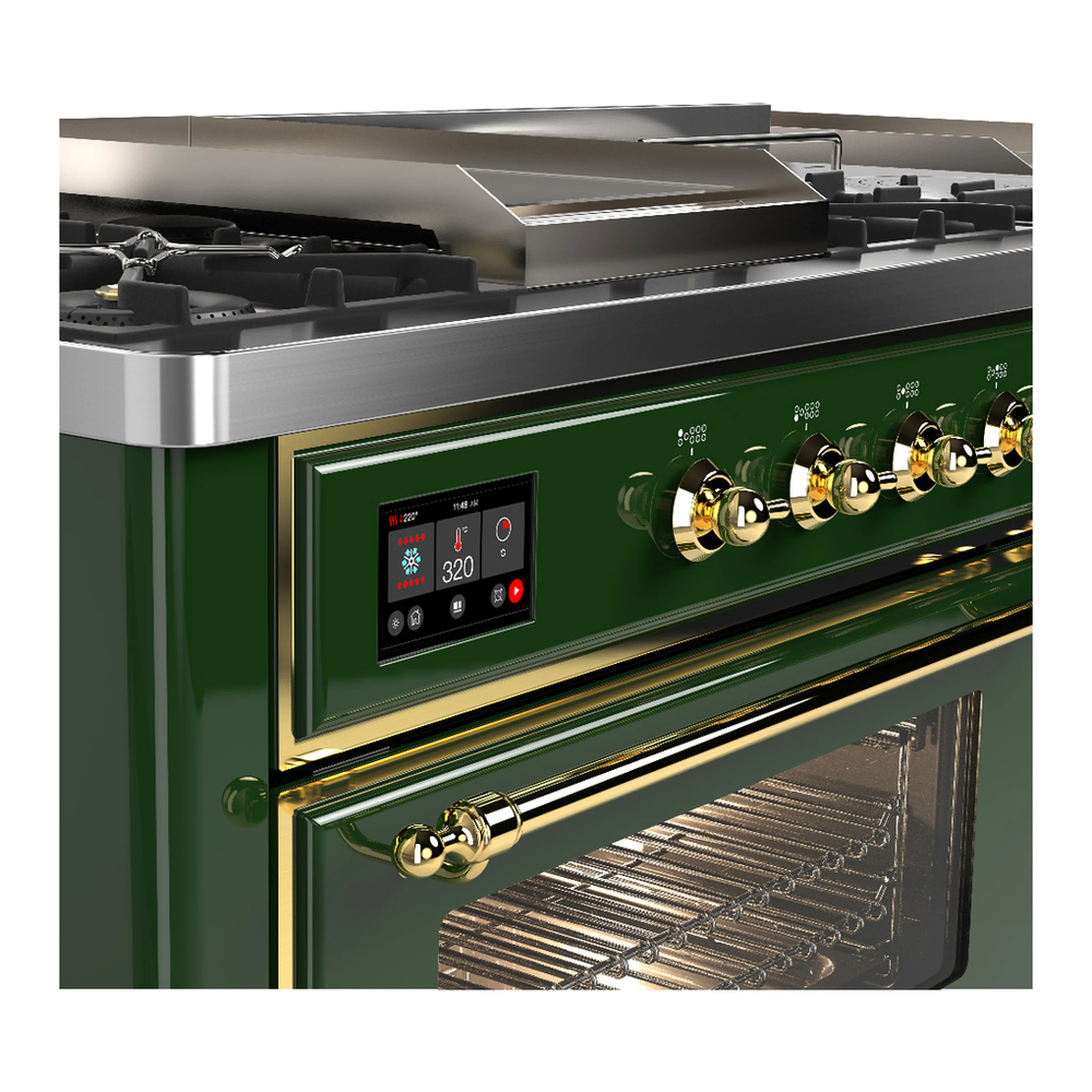 ILVE Majestic III 60-inch Dual Fuel Range with 5 Liquid Propane Burner, Griddle, French Top and Triple Glass Door Electric Oven in Emerald Green with Brass Trim (UM60FSNR3EGGLP) - Image 7