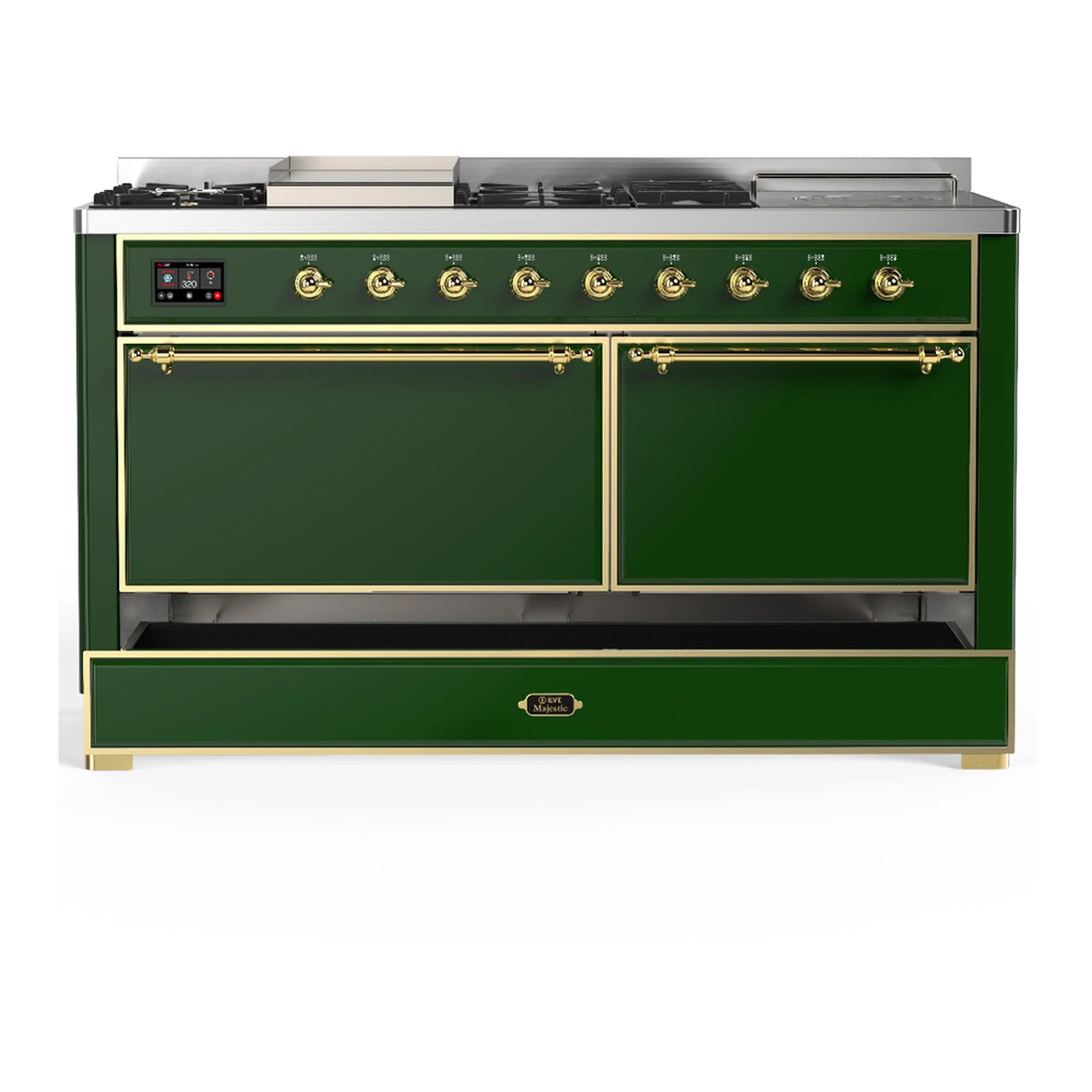 ILVE Majestic III 60-inch Dual Fuel Range with 7 Natural Gas Burner, Griddle, French Top and Solid Door Electric Oven in Emerald Green with Brass Trim (UM60FSQNR3EGG) - Image 3