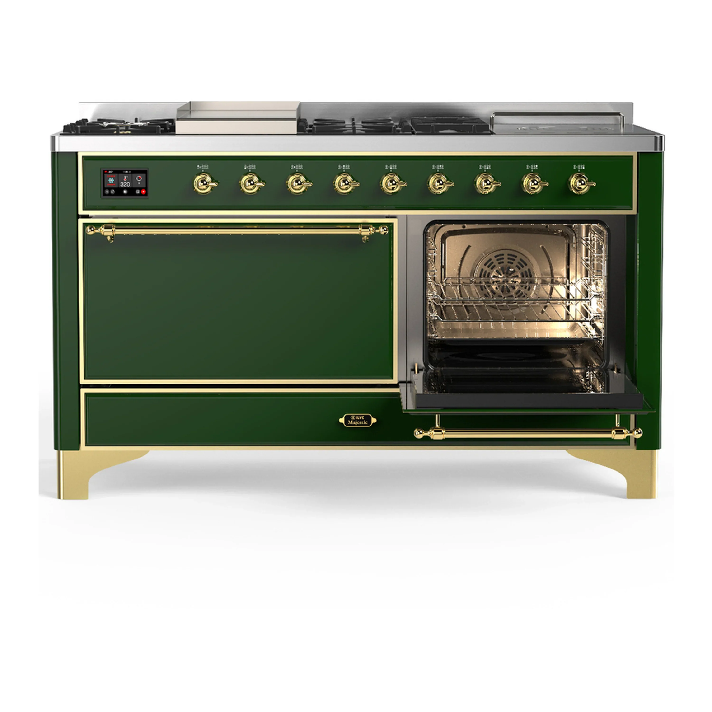 ILVE Majestic III 60-inch Dual Fuel Range with 7 Natural Gas Burner, Griddle, French Top and Solid Door Electric Oven in Emerald Green with Brass Trim (UM60FSQNR3EGG) - Image 4