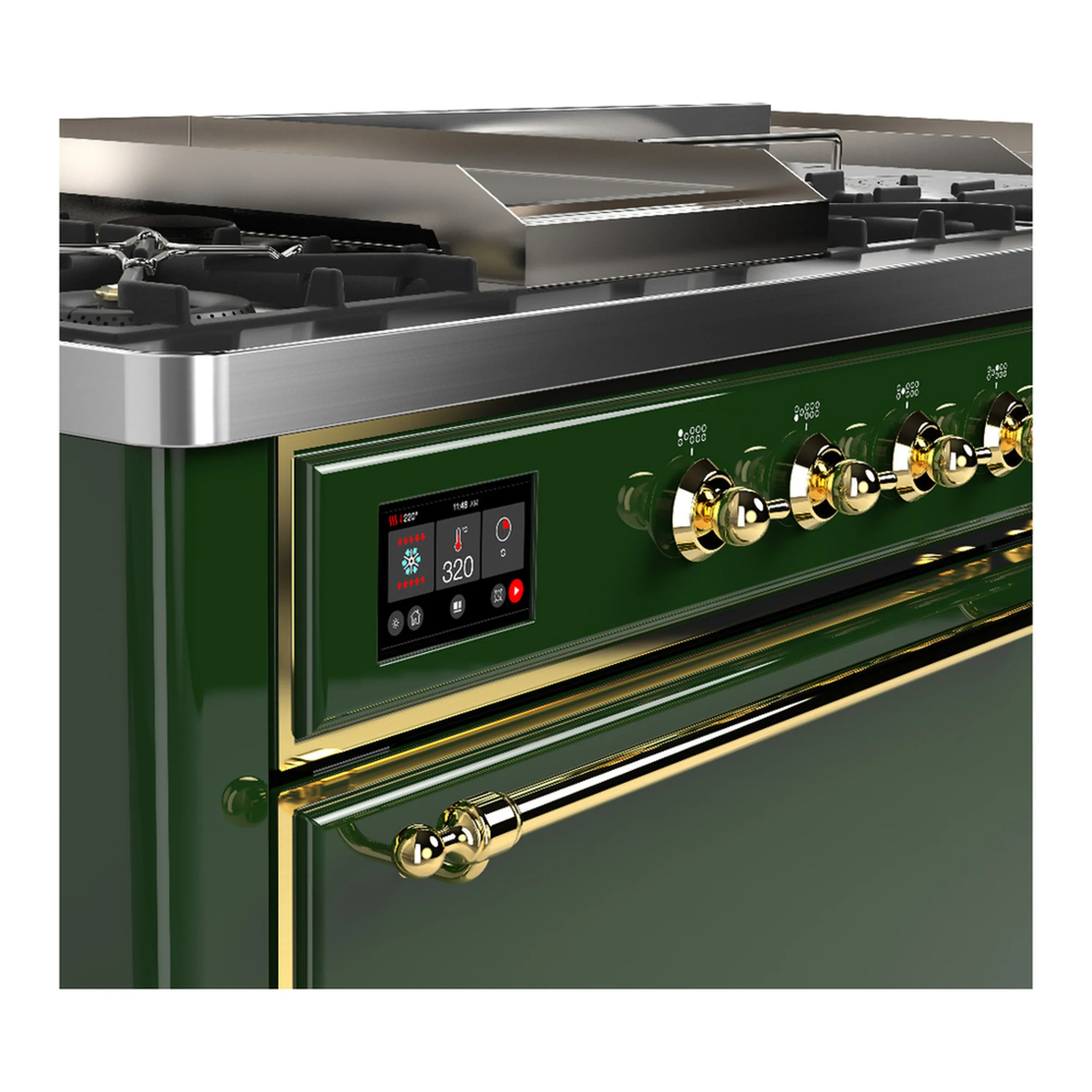ILVE Majestic III 60-inch Dual Fuel Range with 7 Natural Gas Burner, Griddle, French Top and Solid Door Electric Oven in Emerald Green with Brass Trim (UM60FSQNR3EGG) - Image 7